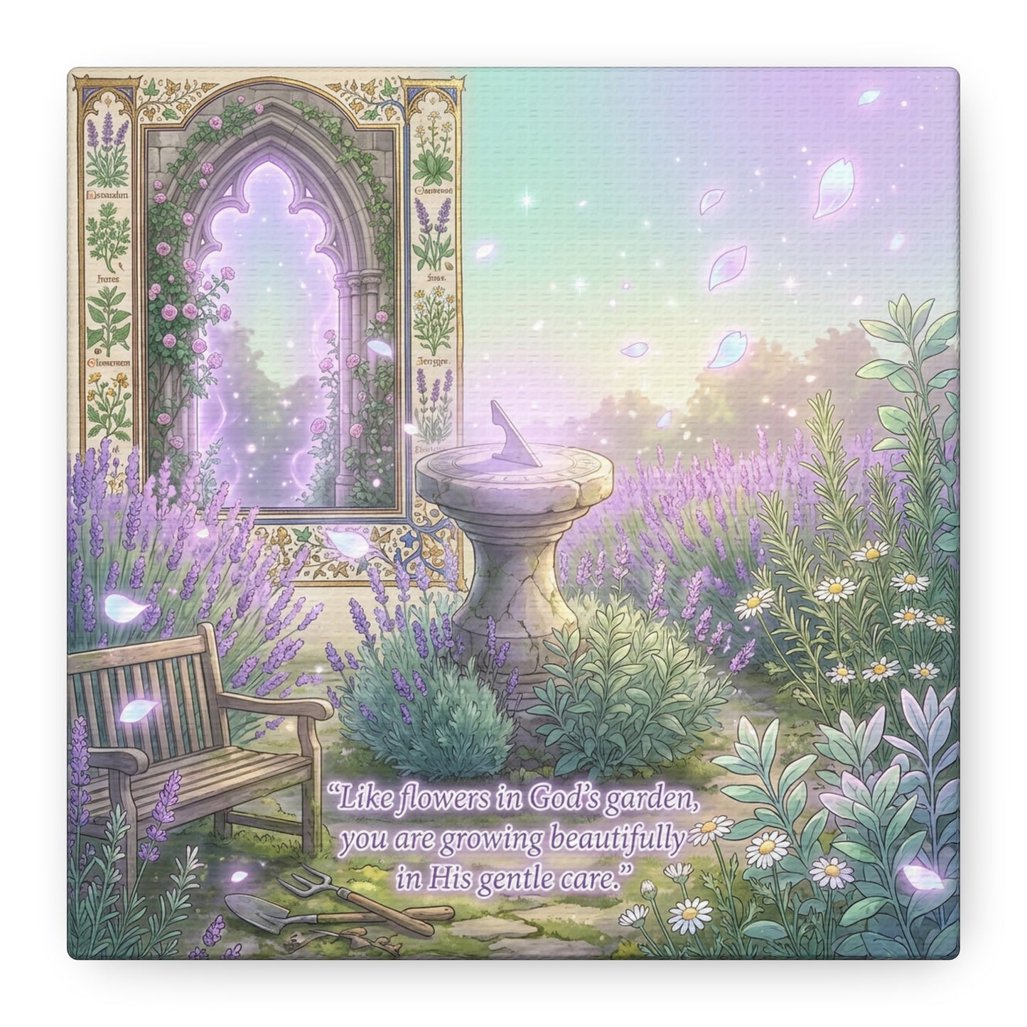 "Like Flowers In God's Garden, You Are Growing Beautifully In His Gentle Care" Canvas Wall Art - Lavender Garden Arch, Sundial Bench - Pastel Botanical Decor For Bedroom Living Room - Office Wall Art