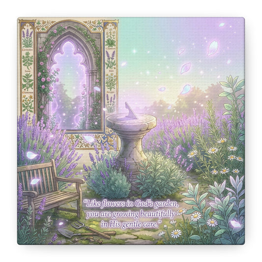 "Like Flowers In God's Garden, You Are Growing Beautifully In His Gentle Care" Canvas Wall Art - Lavender Garden Arch, Sundial Bench - Pastel Botanical Decor For Bedroom Living Room - Office Wall Art
