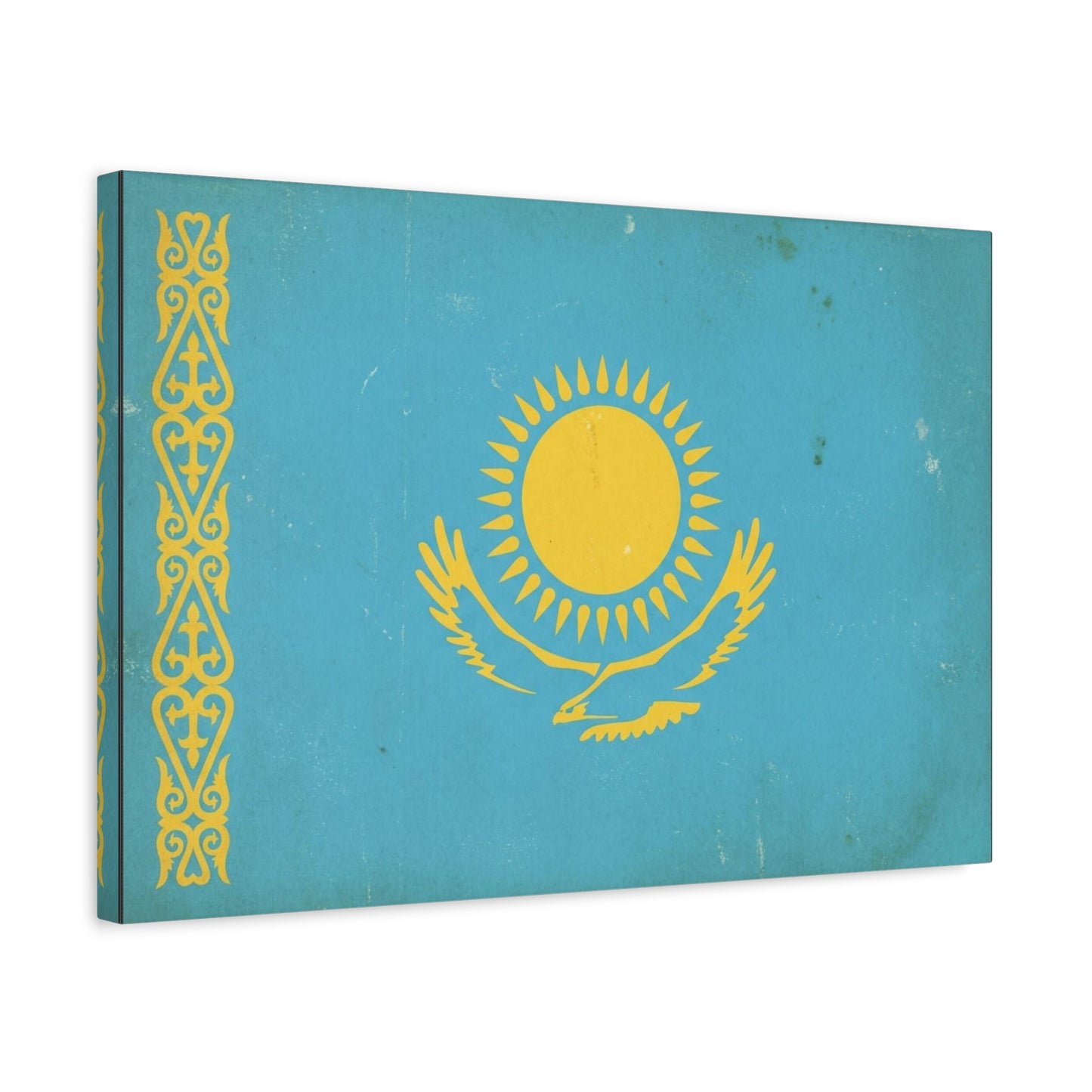 Kazakhstan Flag Canvas Wall Art - Blue And Gold Sun Eagle Emblem, Vintage Nation Print - Matte Cotton Artwork, Patriotic Living Room Wall Decor, Office Art Accent Style - Bedroom Home Decoration