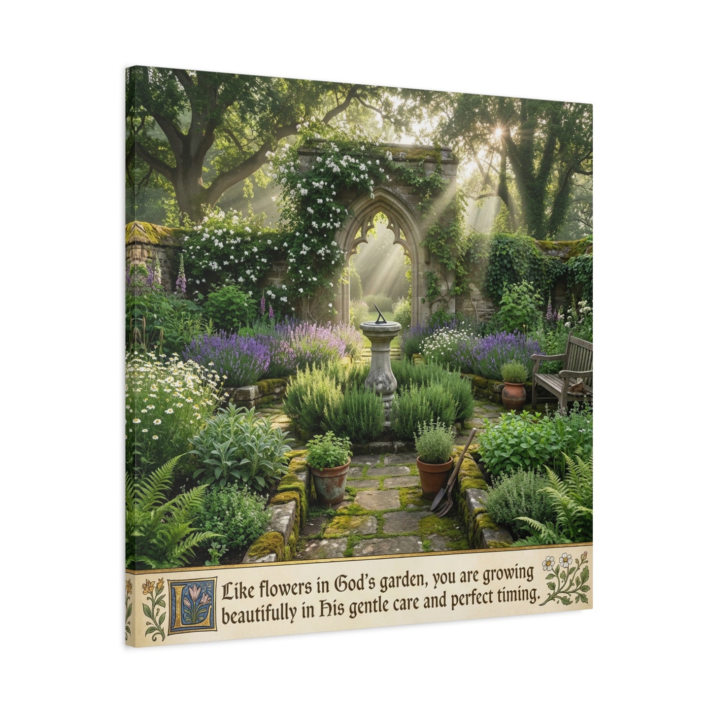 "Like Flowers In God's Garden, You Are Growing Beautifully In His Gentle Care And Divine Timing" Canvas Wall Art - Sunlit Garden Arch, Botanical Landscape Print - Living Room Decor - Office Wall Art