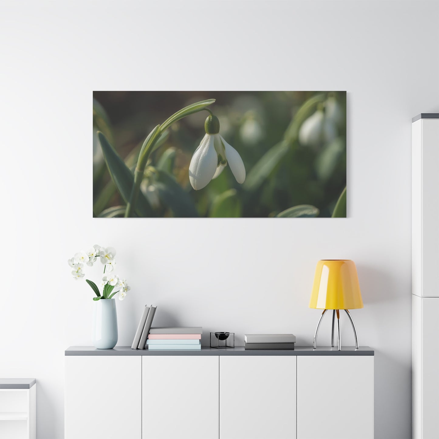 Snowdrop Flower Canvas Wall Art - Botanical Macro Art Print, Soft Green White Floral Print - Matte Cotton Canvas - Traditional Nature Style - Bedroom Wall Decor, Spa Wall Art - Ready to Hang