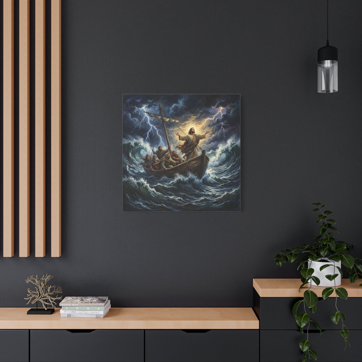 Jesus Calming The Storm Canvas Wall Art - Bible Boat Sea Scene, Dramatic Lightning Waves - Cotton Matte Print - Traditional Religious Decor For Living Room Office Bedroom - Living Room Wall Decor