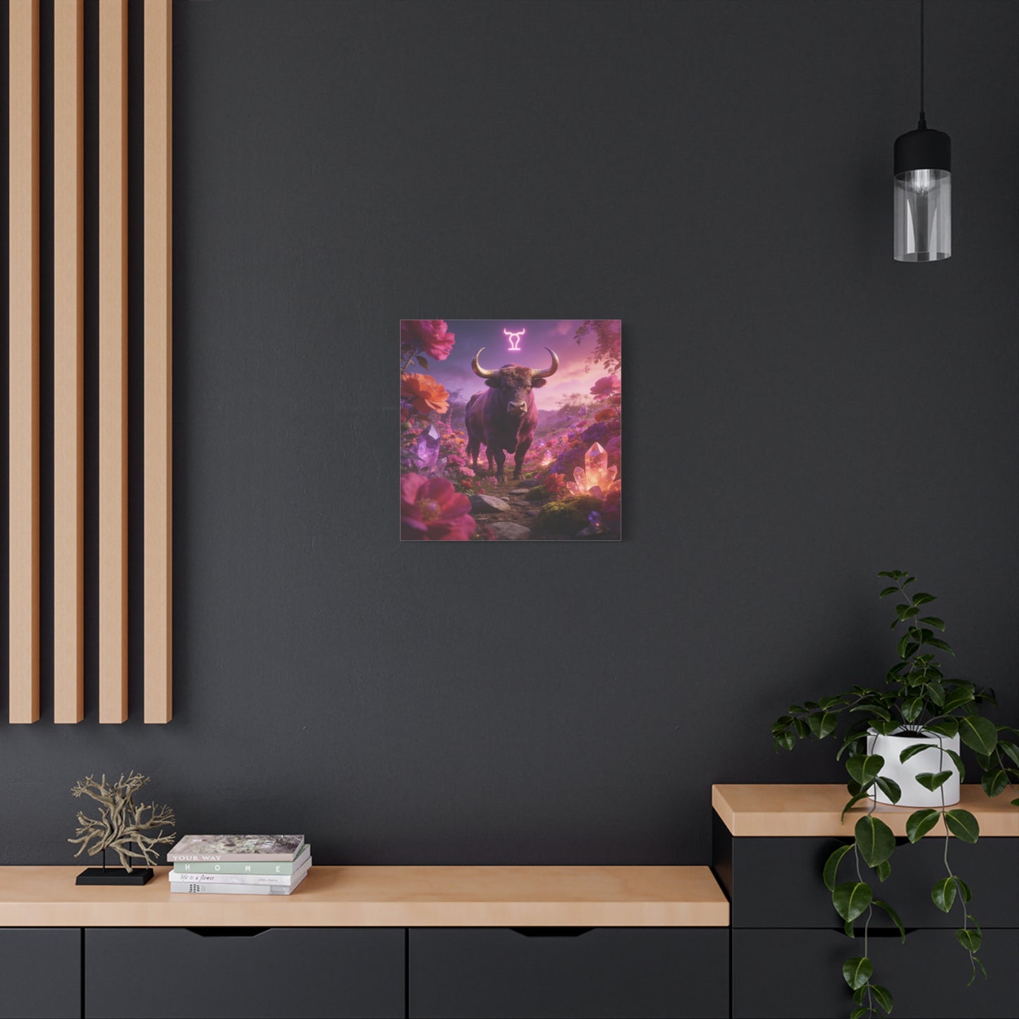 Taurus Zodiac Bull Canvas Wall Art - Neon Taurus Symbol, Floral Crystal Fantasy Print - Dreamy Purple Pink Celestial Decor - Bedroom Home Decoration, Bohemian Living Room Accent - Office Wall Art