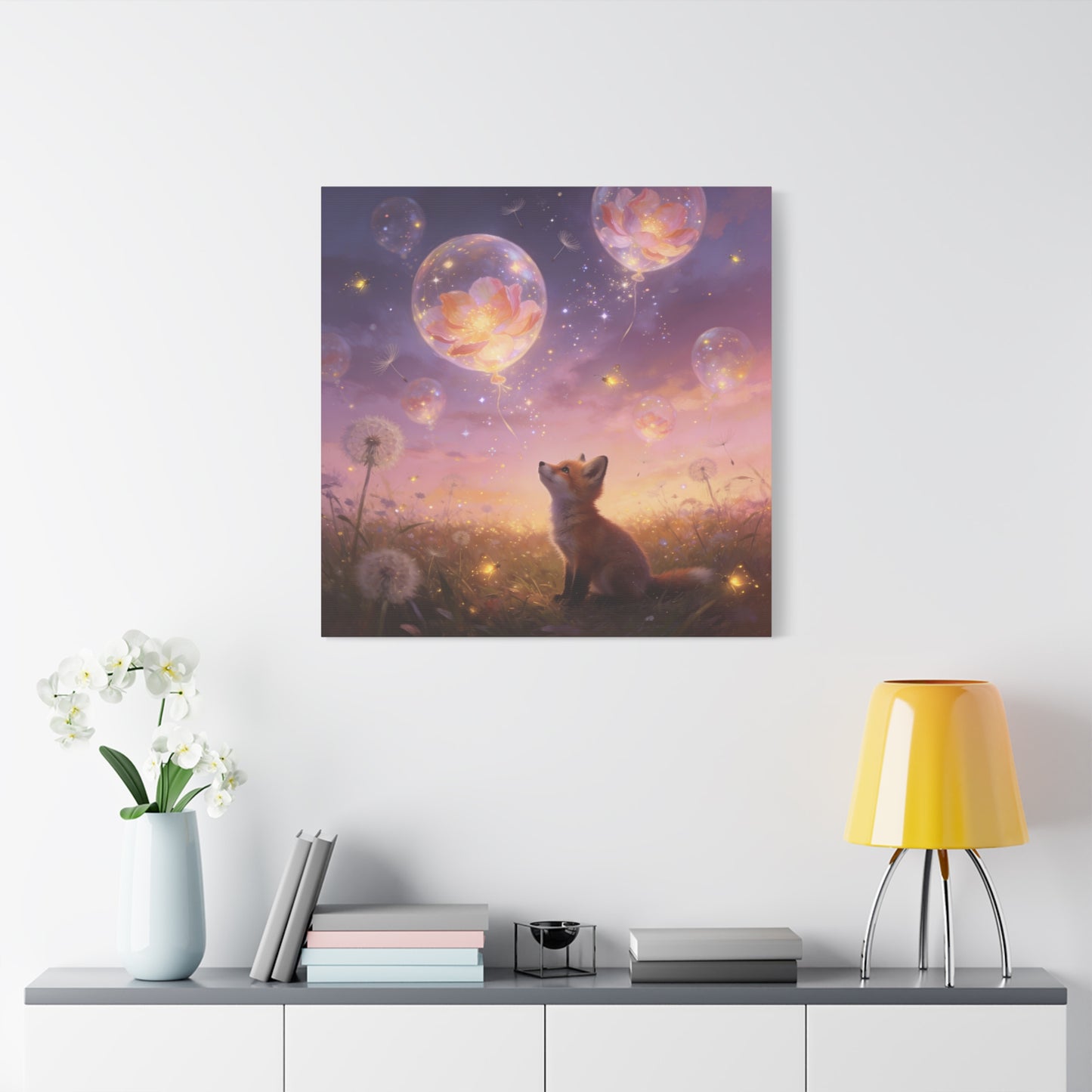 Fox Canvas Wall Art - Whimsical Fox Under Floral Balloons, Dreamy Twilight Meadow Canvas Print - Pastel Fantasy Style, Living Room Wall Decor, Bedroom Home Decoration - Bedroom Home Decoration