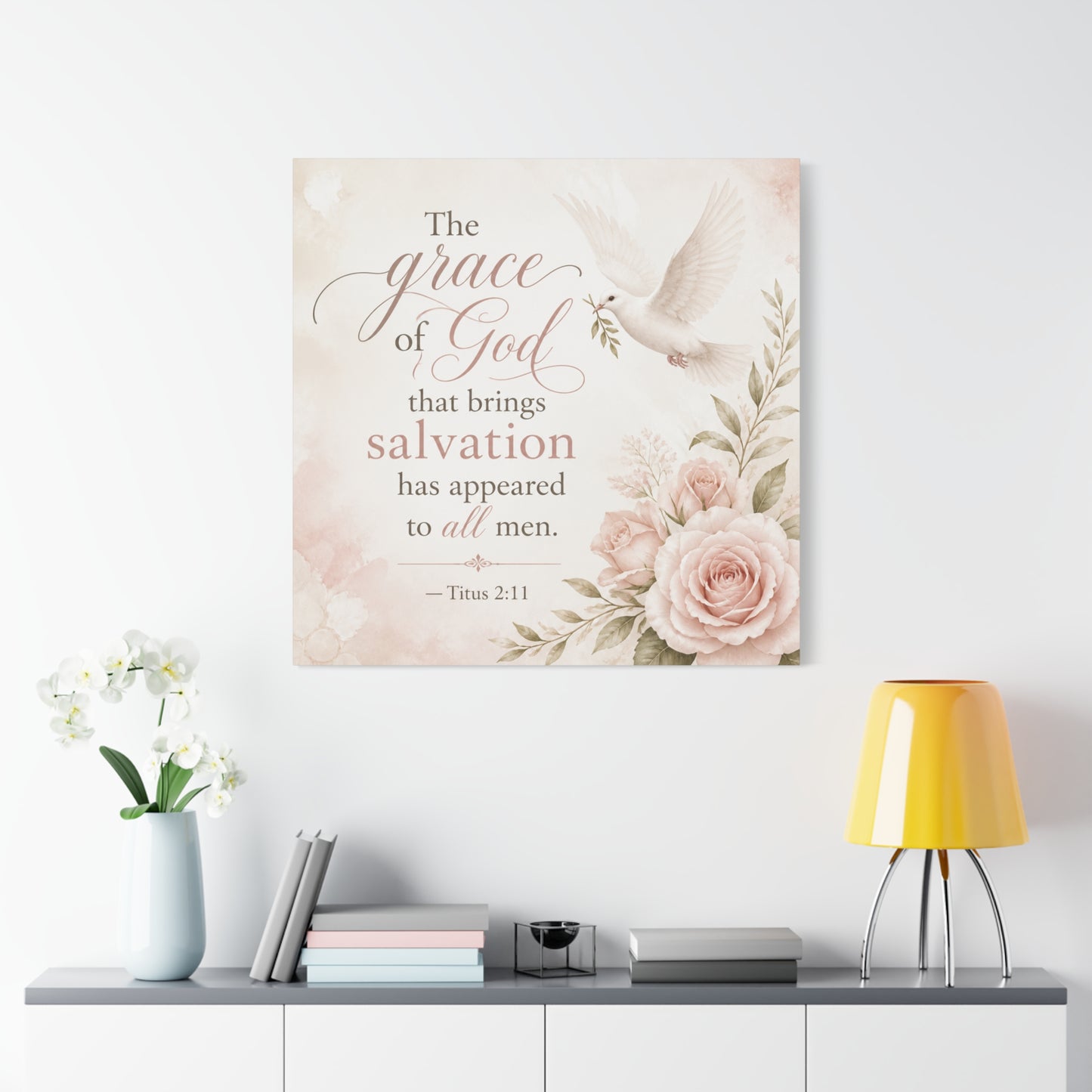 "The Grace Of God That Brings Salvation Has Appeared To All Men" Canvas Wall Art - Dove, Roses, Titus 2:11 Scripture Print - Blush Floral Christian Decor - Bedroom Living Room Accent - Office Wall Art