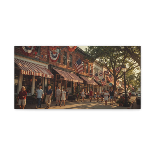 Patriotic Main Street Canvas Wall Art - American Flag Small Town Streetscape, Golden Hour Art Print - Vintage Americana Style - Living Room Wall Decor, Office Art Accent - Ready to Hang