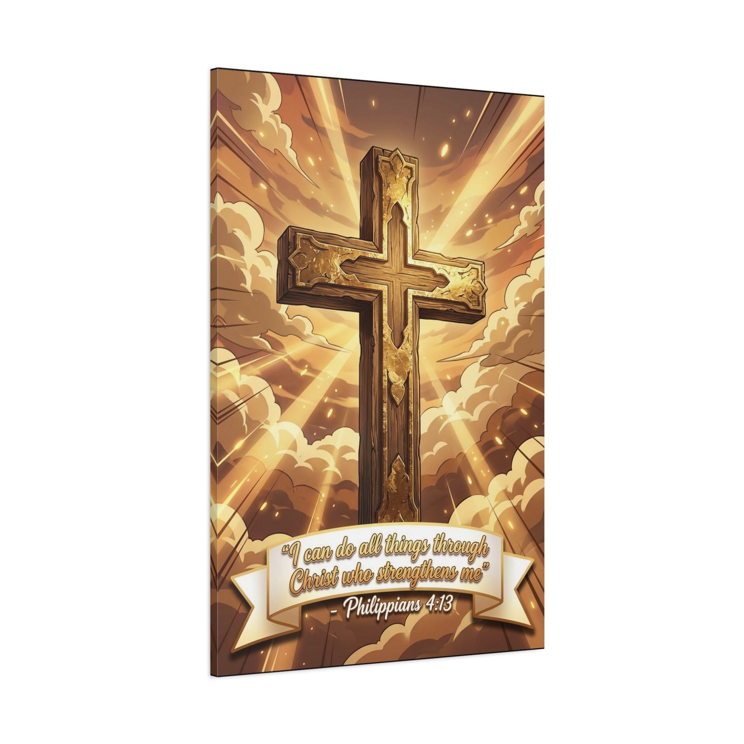 "I Can Do All Things Through Christ Who Strengthens Me" Cross Canvas Wall Art - Philippians 4:13 Scripture Decor, Golden Sky Christian Home Accent, Traditional Bedroom Living Room Decoration