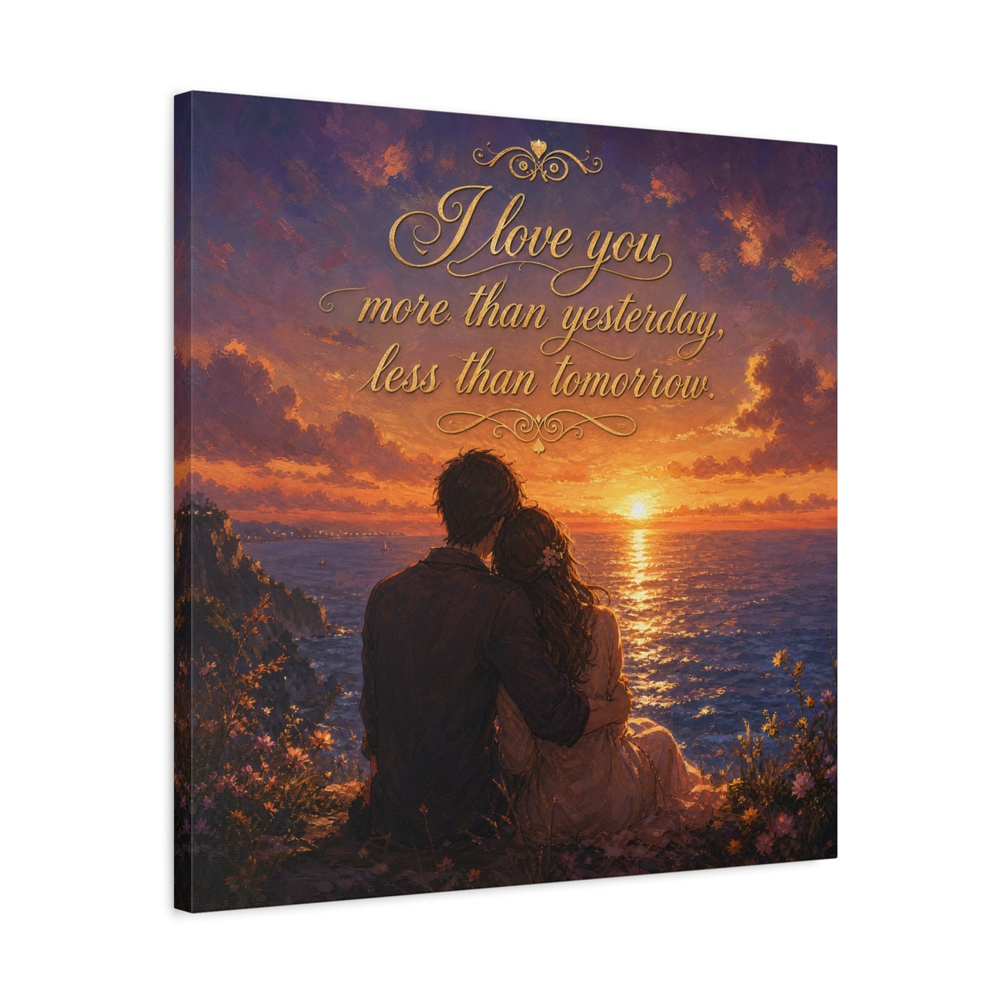 "I Love You More Than Yesterday, Less Than Tomorrow." Love Quote Canvas Wall Art - Romantic Sunset Ocean Couple Silhouette - Gold Script Seascape - Bedroom Wall Decor - Ready to Hang - Ready to Hang