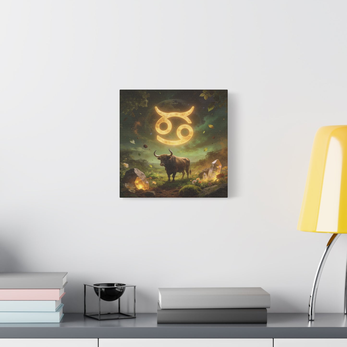 Cancer Zodiac Canvas Wall Art - Glowing Astrology Symbol, Bull And Crystal Fantasy Scene - Celestial Green Gold Illustration - Bedroom Home Decoration, Meditation Space Accent - Living Room Wall Decor