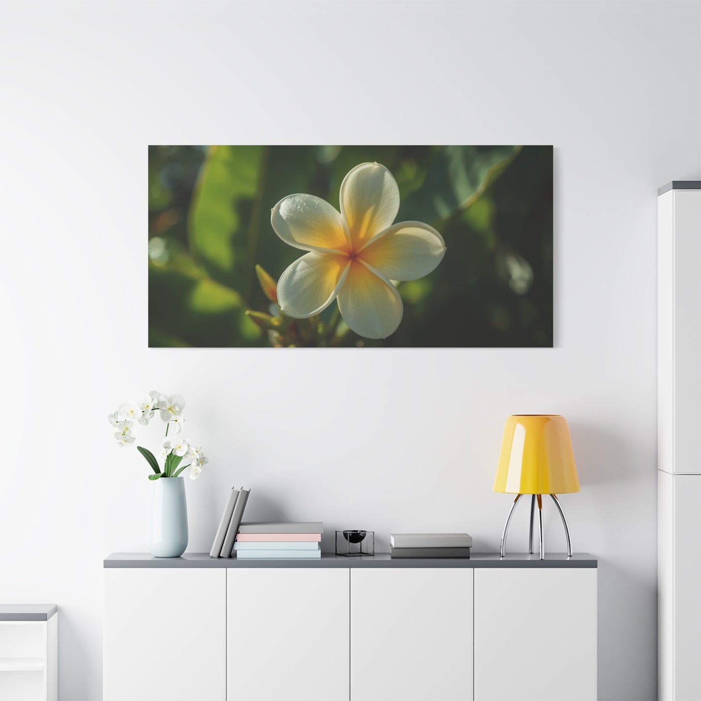 Plumeria Flower Canvas Wall Art - Tropical Floral Art Print, Soft Golden Light - Matte Cotton Art Print - Coastal Style, Bedroom Decoration, Bathroom Accent, Spa Inspired Decor - Ready to Hang