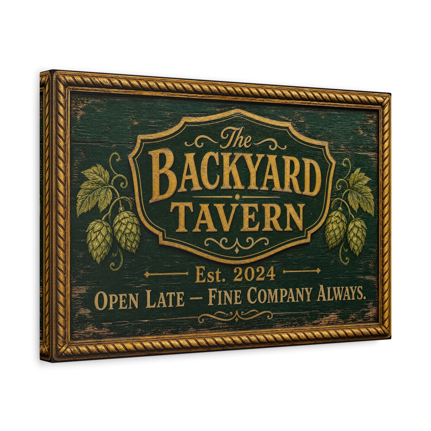 "The Backyard Tavern" Canvas Wall Art - Vintage Pub Sign, Rustic Typography Decor - Green And Gold Tavern Style Print, Bar Room Wall Decor - Ready to Hang - Ready to Hang - Speakeasy Style Sign