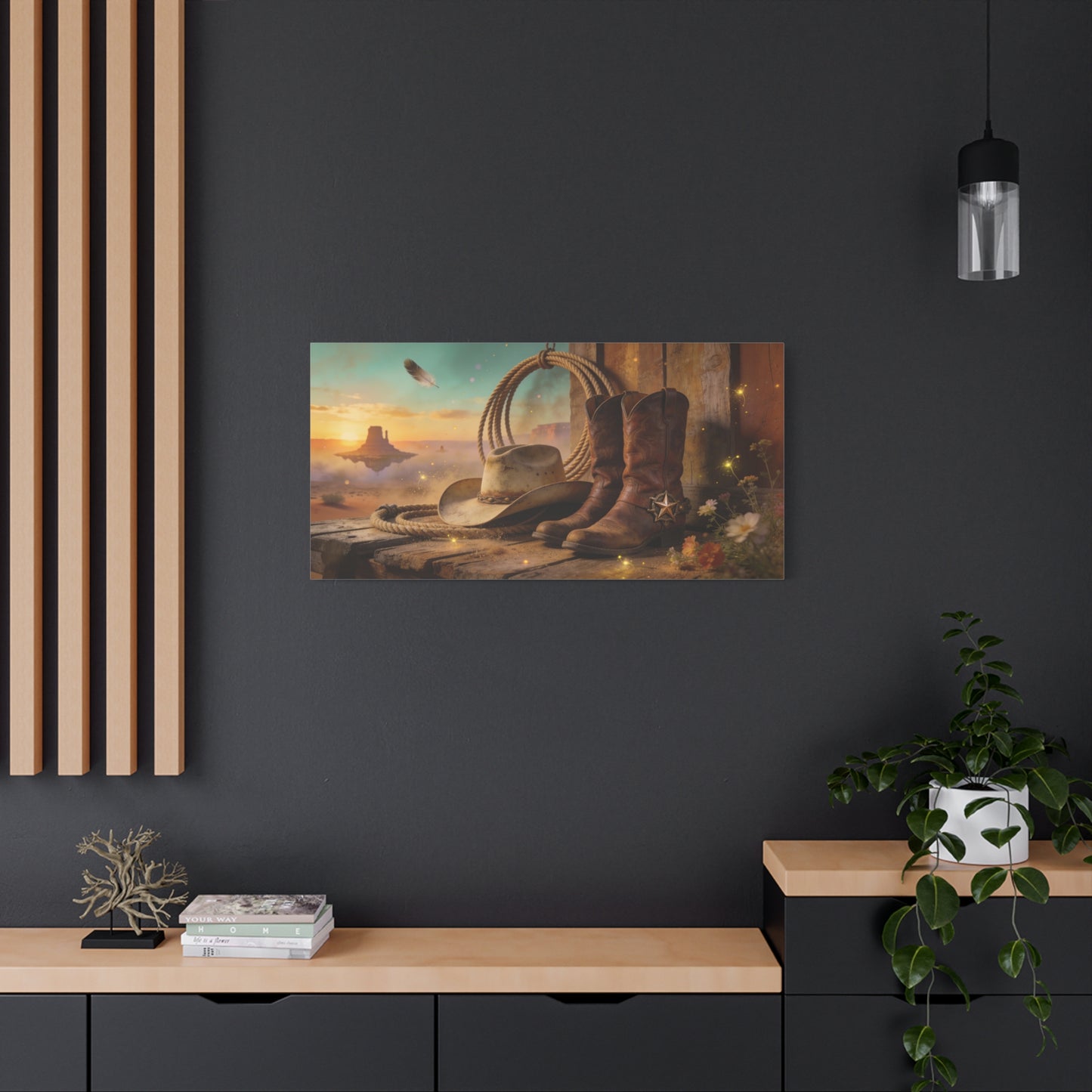 Western Cowboy Boots Canvas Wall Art - Desert Mesa Sunset, Hat And Lasso - Rustic Cotton Print - Vintage Ranch Style - Living Room Wall Decor, Office Art, Entryway Decoration - Bedroom Home Decoration