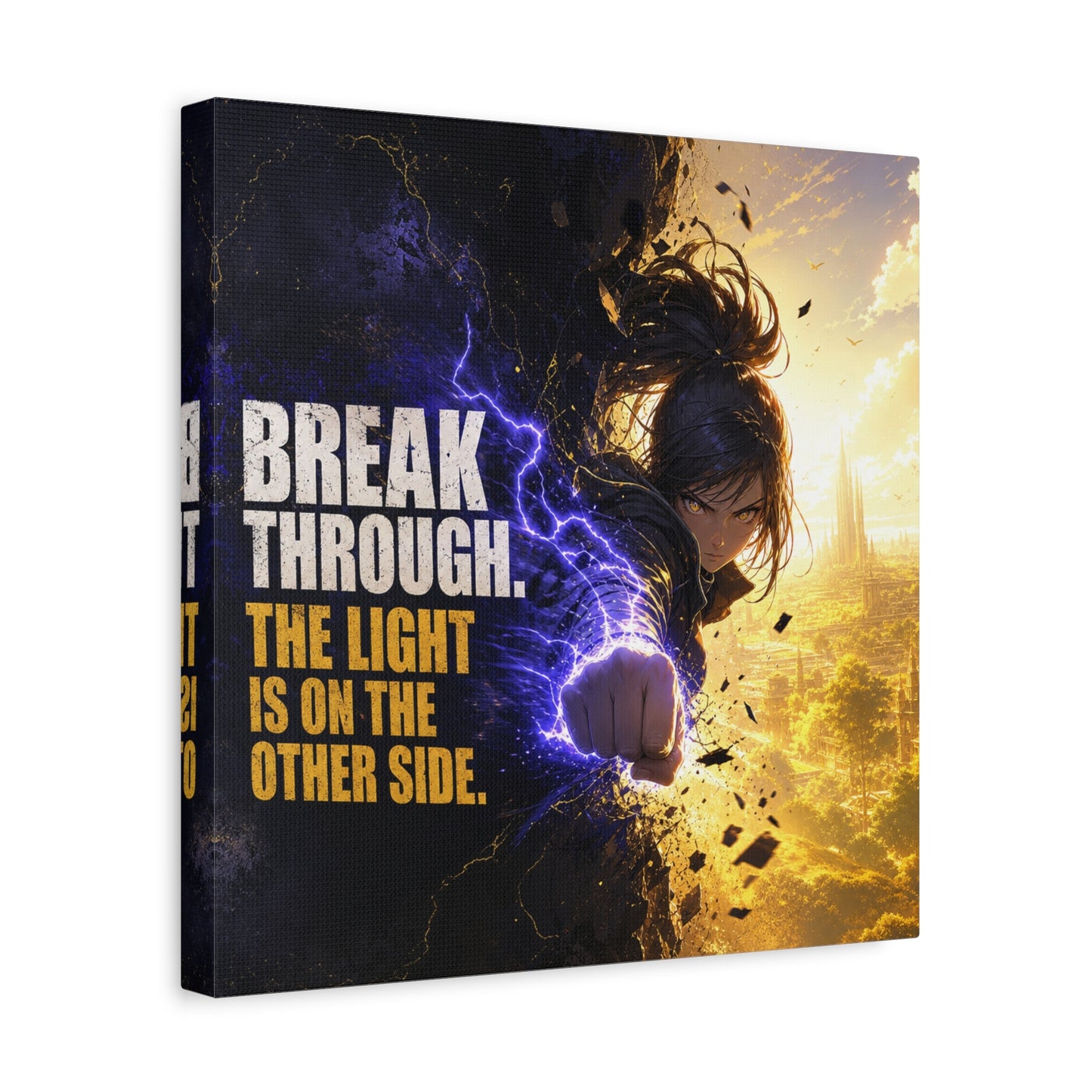 "Break Through. The Light Is On The Other Side." Anime Canvas Wall Art - Motivational Fantasy Girl Poster Print, Dramatic Gold Lightning, Contemporary Bedroom Decor, Teen Room Accent - Office Wall Art