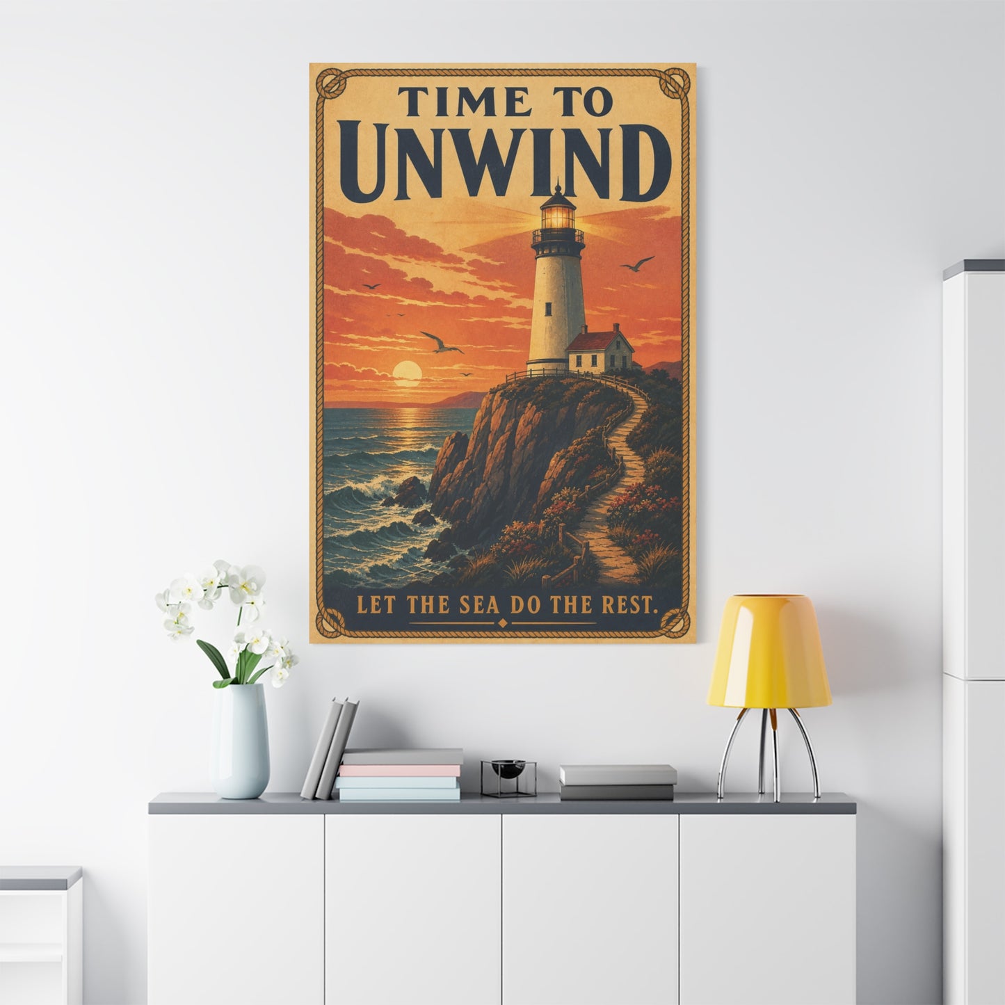 "Time To Unwind Let The Sea Do The Rest" Lighthouse Canvas Wall Art - Vintage Coastal Sunset Seascape Print, Nautical Home Decor, Bedroom Living Room Decoration, Beach House Style - Office Wall Art