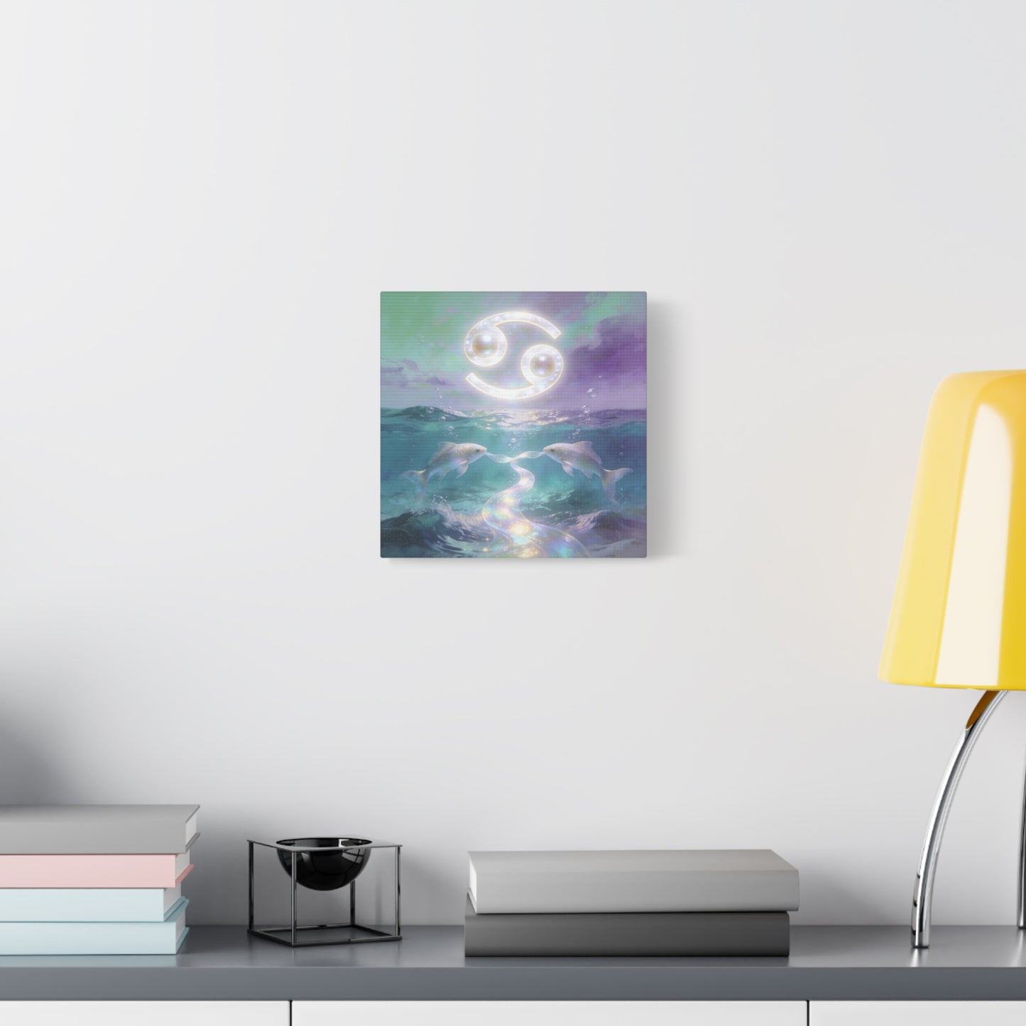 Cancer Zodiac Canvas Wall Art - Two Pearl Fish Ocean Illustration, Celestial Astrology Decor - Iridescent Matte Canvas Print - Mystical Coastal Style For Bedroom Living Room - Living Room Wall Decor