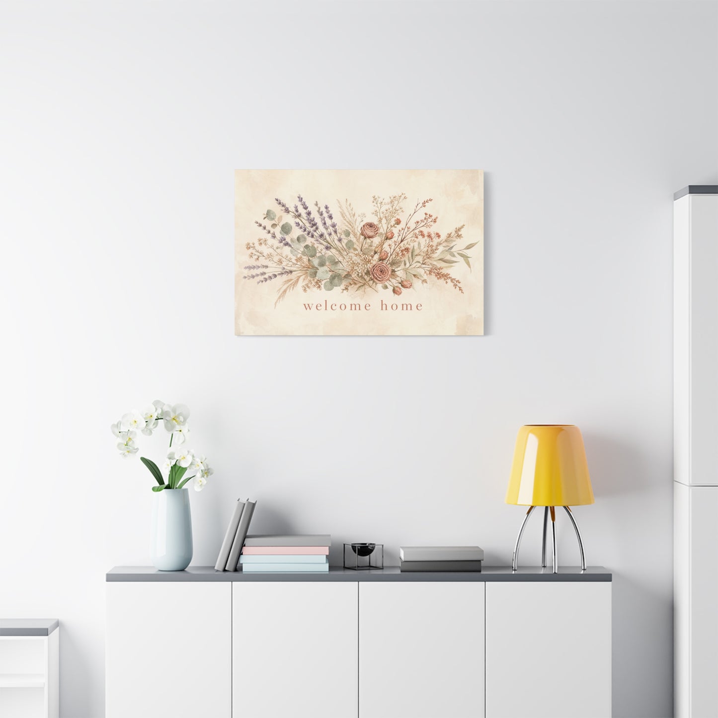 "Welcome Home" Floral Canvas Wall Art - Rustic Botanical Bouquet, Lavender Rose Eucalyptus Print - Farmhouse Wall Decor, Entryway Home Decoration - Ready to Hang - Modern Farmhouse Style