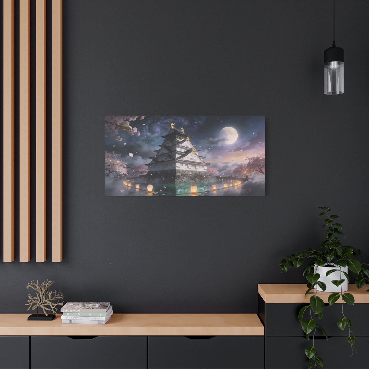 Japanese Castle Canvas Wall Art - Moonlit Cherry Blossom Pagoda, Floating Koi, Fantasy Night Sky - Matte Cotton Art Print - Contemporary Landscape Style For Living Room Wall Decor - Ready to Hang