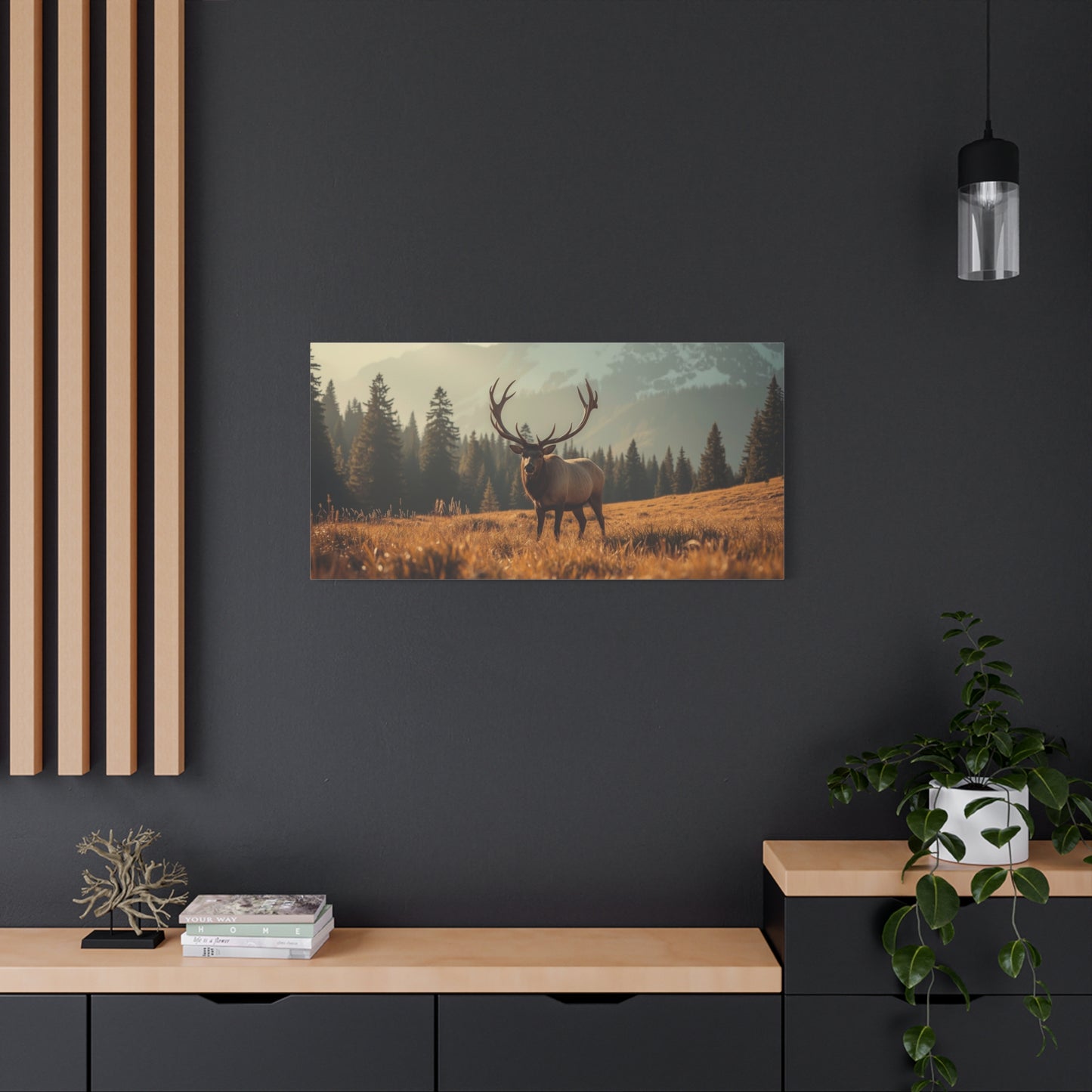 Bull Elk Canvas Wall Art - Mountain Meadow Wildlife Landscape, Golden Light Cotton Print - Rustic Nature Style, Living Room Wall Decor, Lodge Bedroom Home Decoration - Bedroom Home Decoration