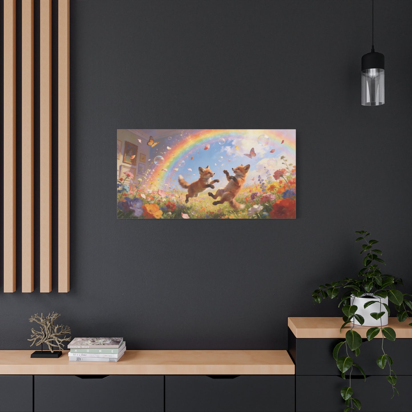 Fox Cub Canvas Wall Art - Whimsical Rainbow Meadow Painting, Butterflies And Wildflowers - Matte Canvas Print - Bohemian Nursery Wall Hanging, Bedroom Home Decoration Accent - Bedroom Home Decoration