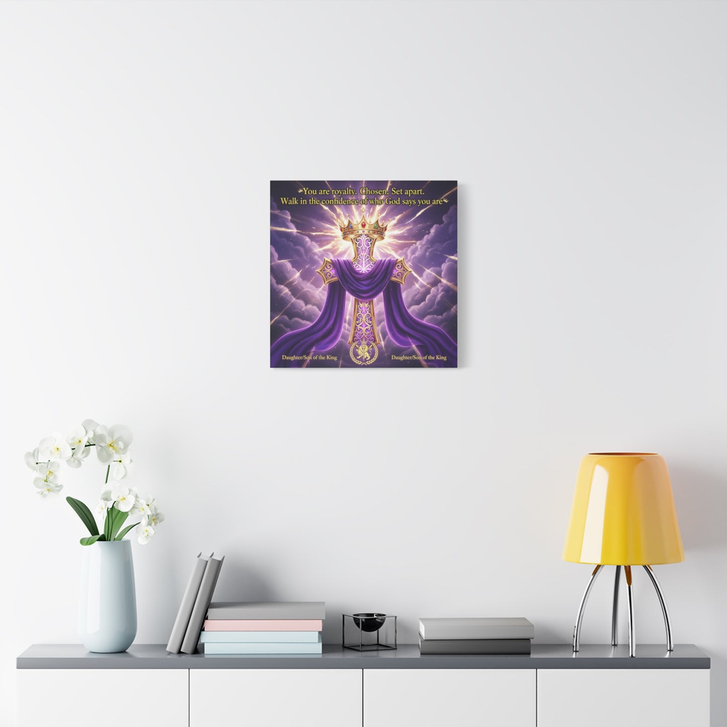 "You Are Royalty. Chosen. Set Apart." Christian Canvas Wall Art - Crowned Cross With Purple Draped Cloth, Daughter Son Of The King Quote - Religious Wall Decor For Bedroom, Office - Ready to Hang