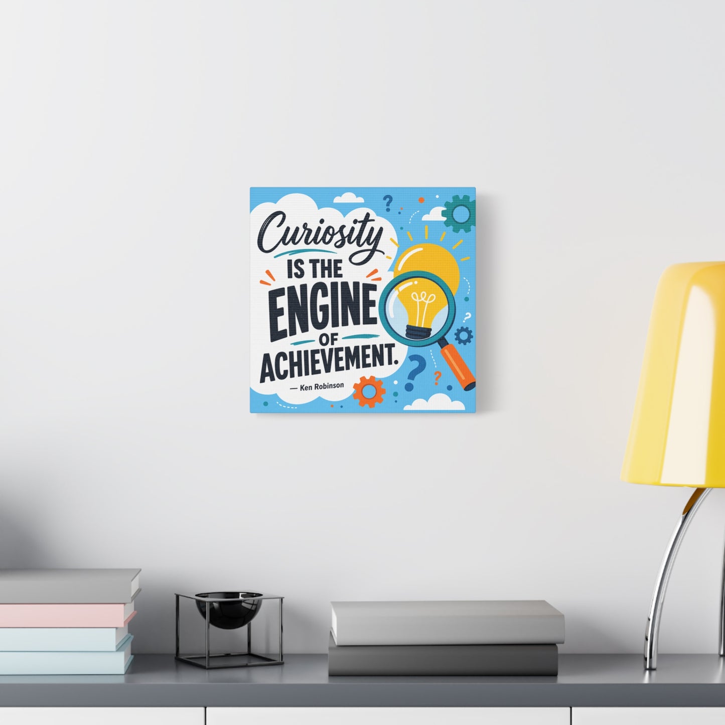 "Curiosity Is The Engine Of Achievement." Quote Canvas Wall Art - Classroom Inspirational Decor, Light Bulb Learning Poster, Teacher Office Wall Hanging, Kids Study Room Decoration - Ready to Hang