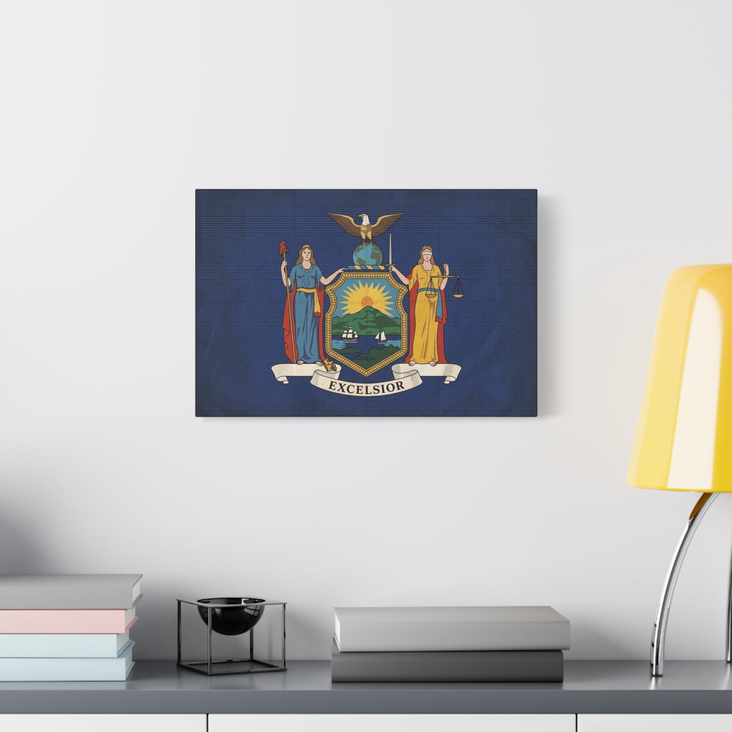 "Excelsior" New York State Flag Canvas Wall Art - Empire State Banner Print, Vintage Blue Heraldic Decor - Patriotic Illustration Style - Living Room Wall Decor, Office Art - Bedroom Home Decoration