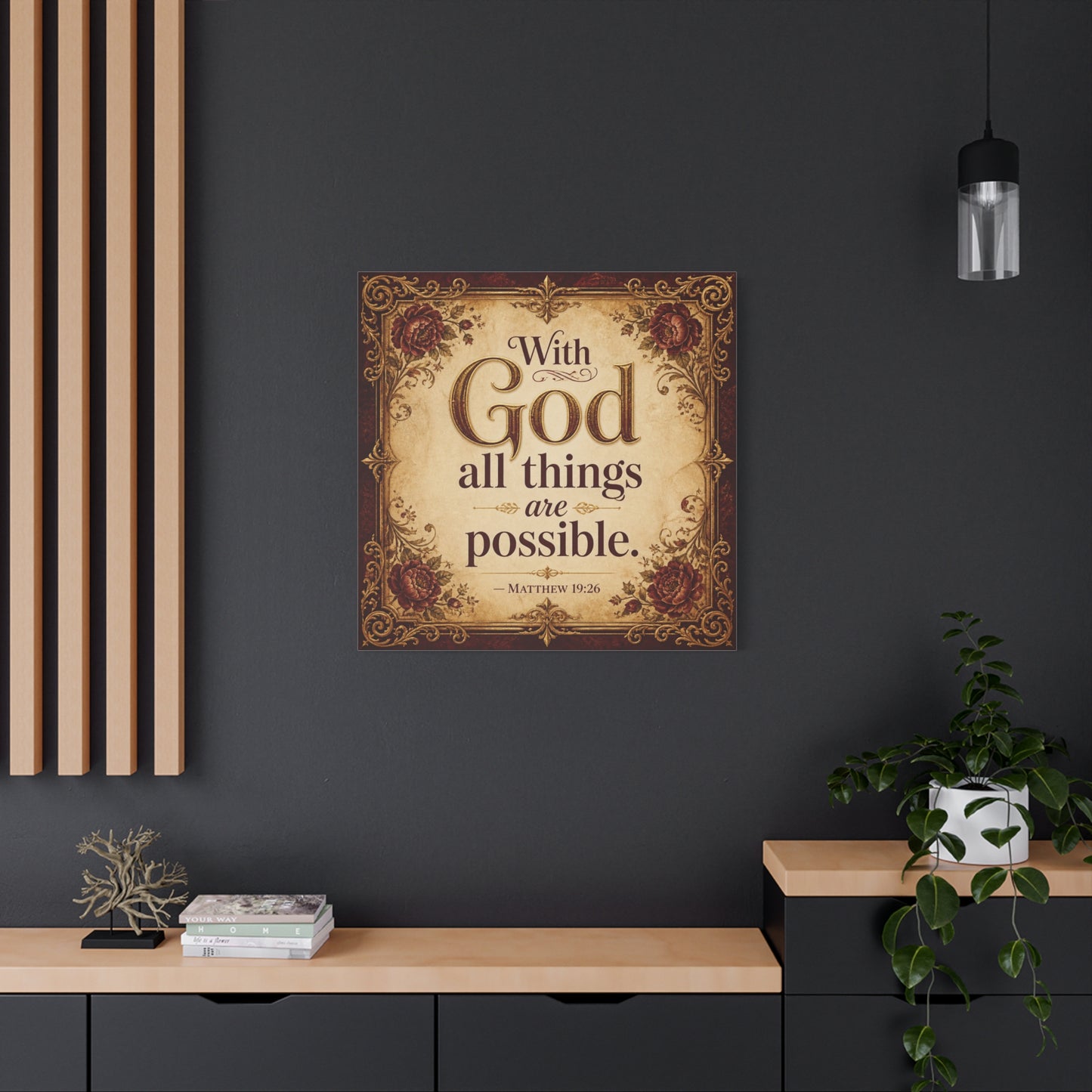 "With God All Things Are Possible. - Matthew 19:26" Christian Canvas Wall Art - Vintage Floral Scripture Print, Traditional Inspirational Decor, Living Room Bedroom Wall Hanging - Ready to Hang