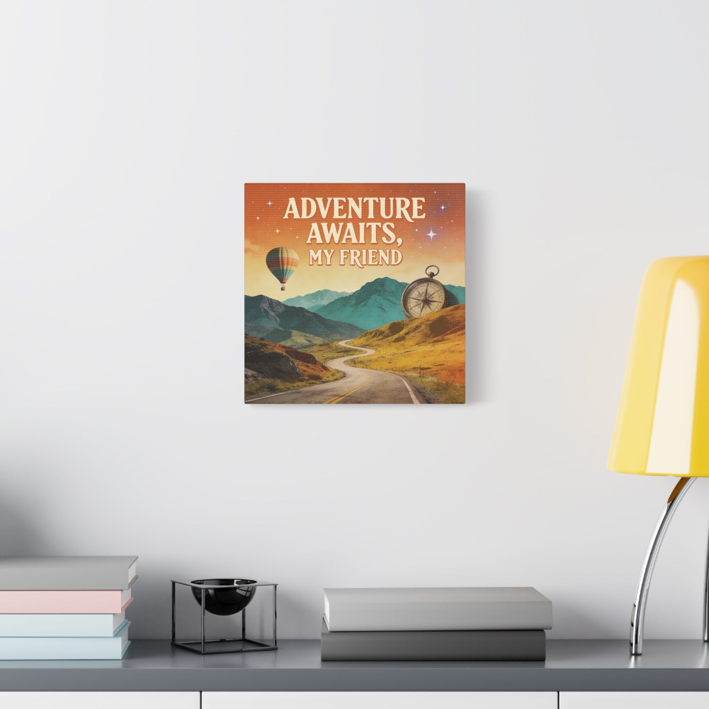 "Adventure Awaits, My Friend" Inspirational Canvas Art Print - Mountain Road, Hot Air Balloon, Compass - Vintage Travel Style, Office Decor, Workspace Accent, Lobby Display, Motivational Art