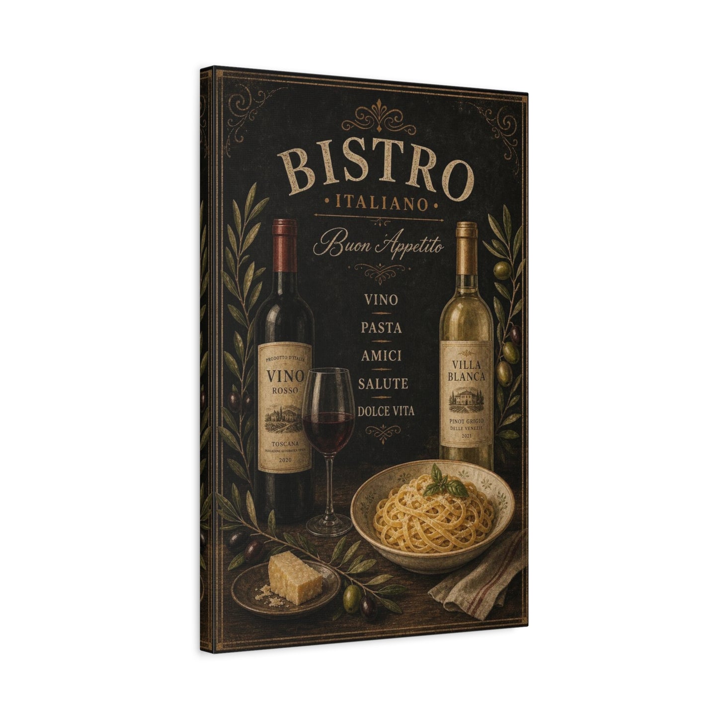 "Bistro Italiano Buon Appetito" Canvas Wall Art - Wine Bottles, Pasta, Olives - Vintage Italian Kitchen Decor - Rustic Farmhouse Style - Dining Room Accent, Cafe Wall Decor - Bedroom Home Decoration