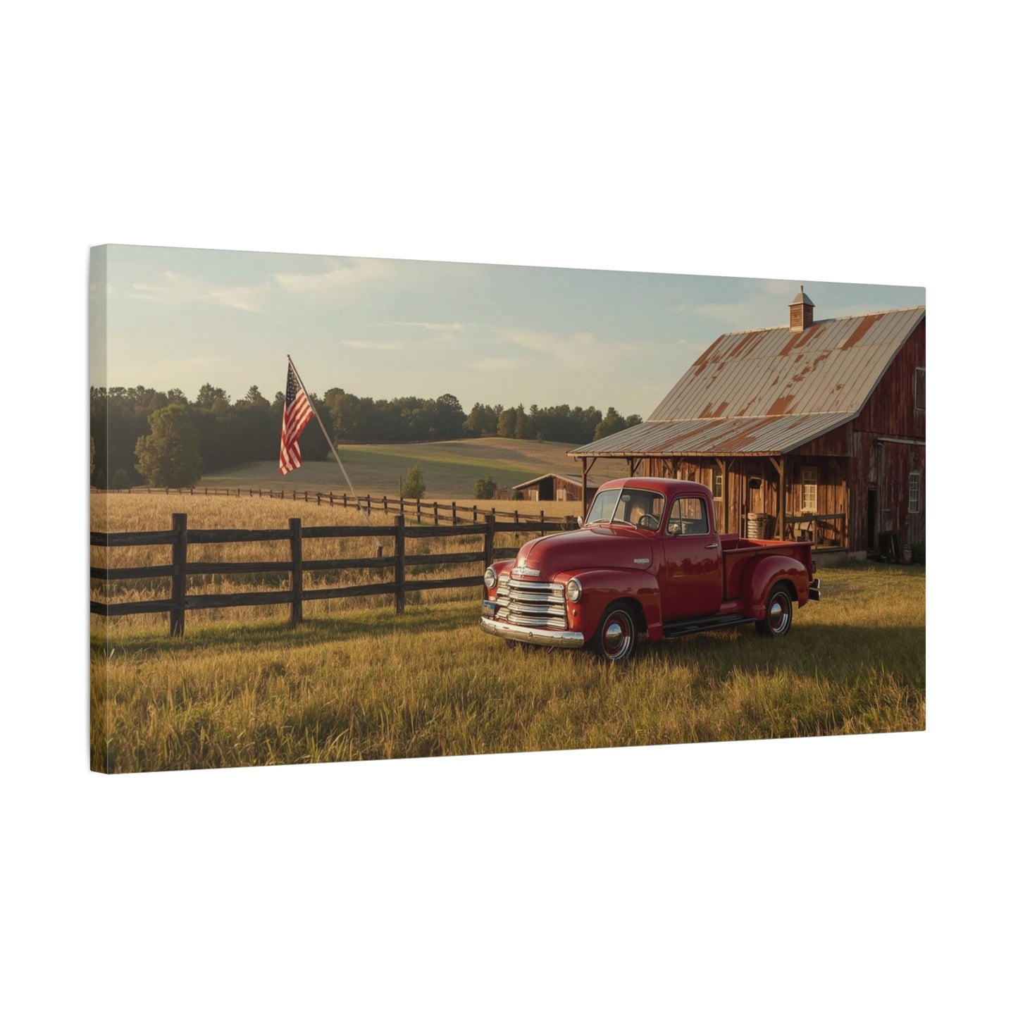 Red Vintage Pickup Truck Canvas Wall Art - Rustic Barn, American Flag Farm Landscape - Country Art Print, Traditional Style - Living Room Wall Decor, Office Art Accent - Modern Farmhouse Style