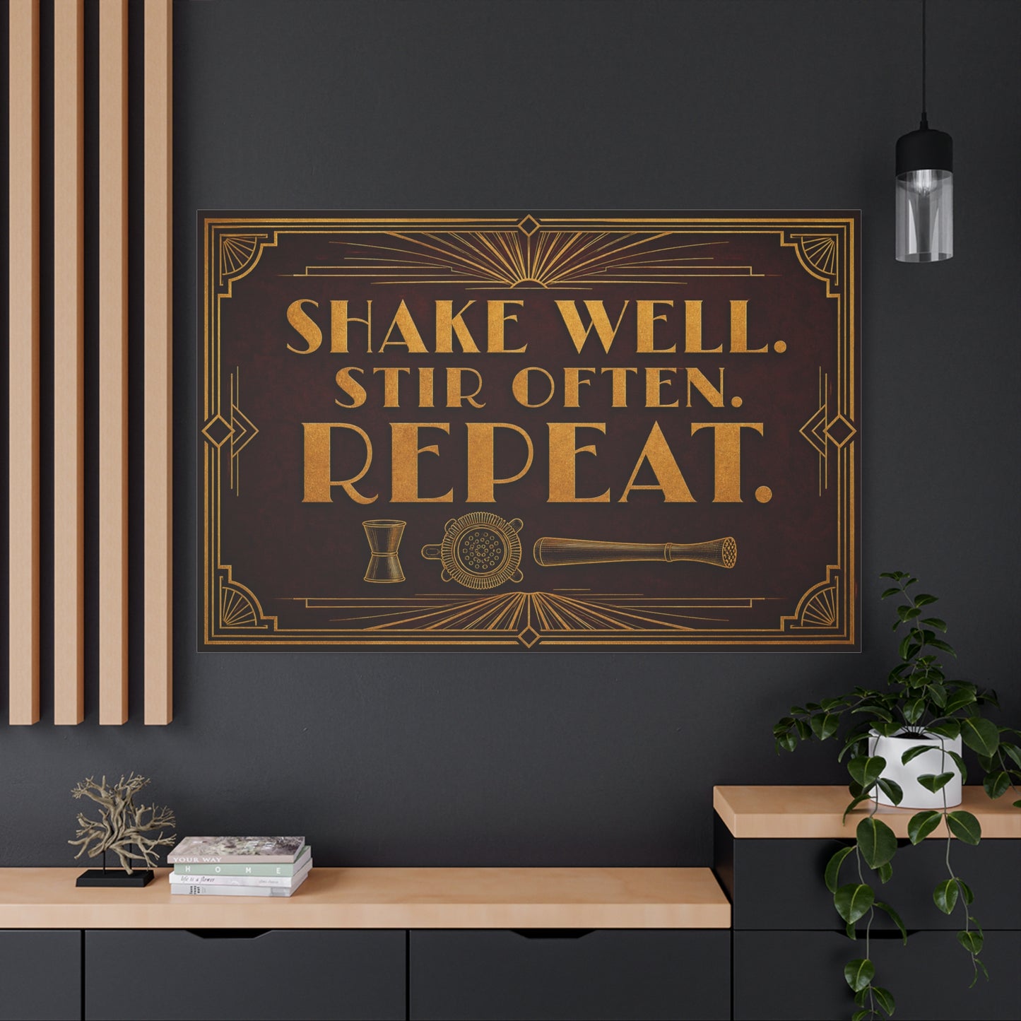 "Shake Well. Stir Often. Repeat." Cocktail Canvas Wall Art - Art Deco Bar Quote Print, Vintage Gold Typography, Speakeasy Lounge Decor, Home Bar Decoration - Ready to Hang - Tavern Wall Decor