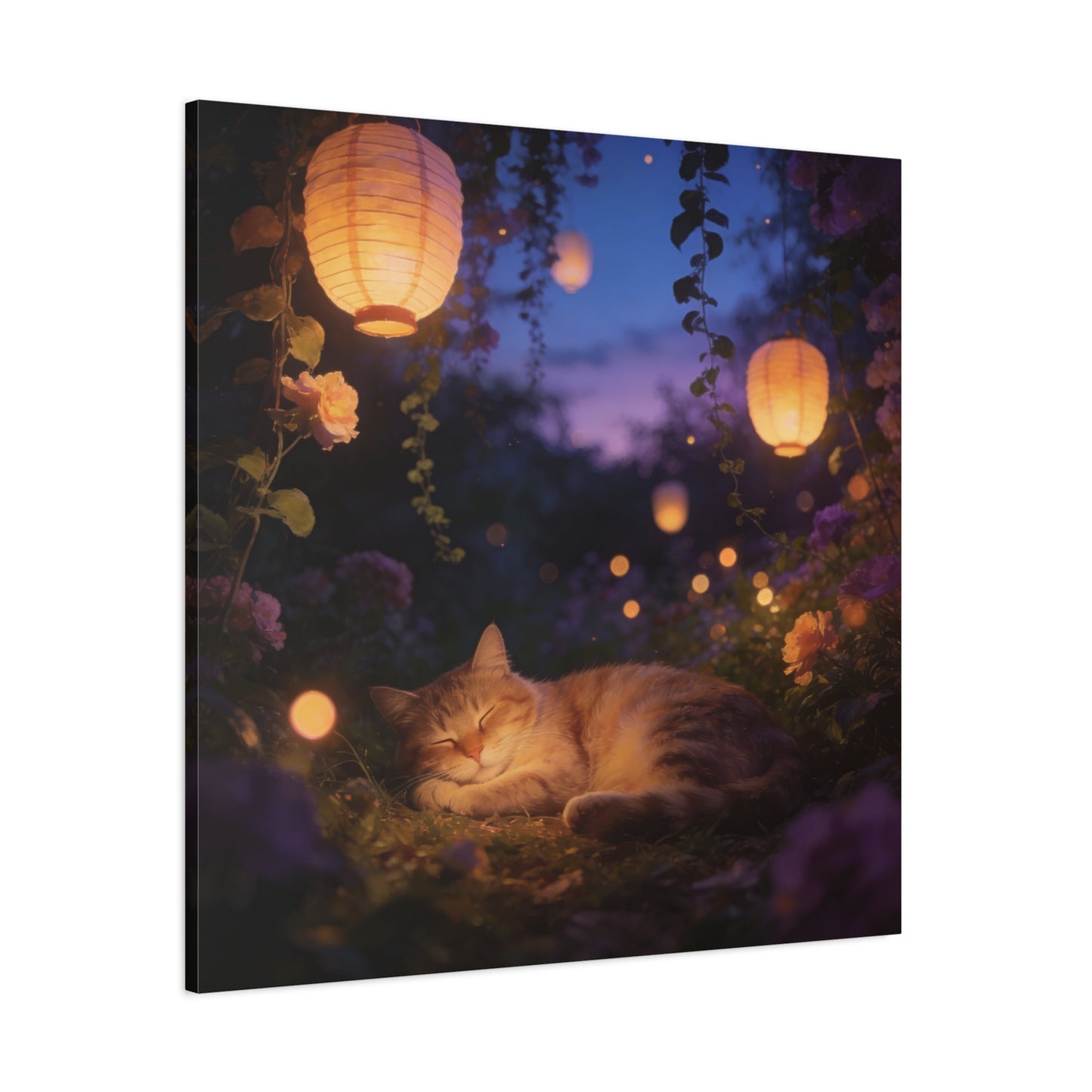 Sleeping Cat Canvas Wall Art - Lantern Lit Garden Night Scene, Dreamy Floral Canvas Print - Calming Cottagecore Style, Bedroom Wall Decor, Living Room Home Decoration - Bedroom Home Decoration