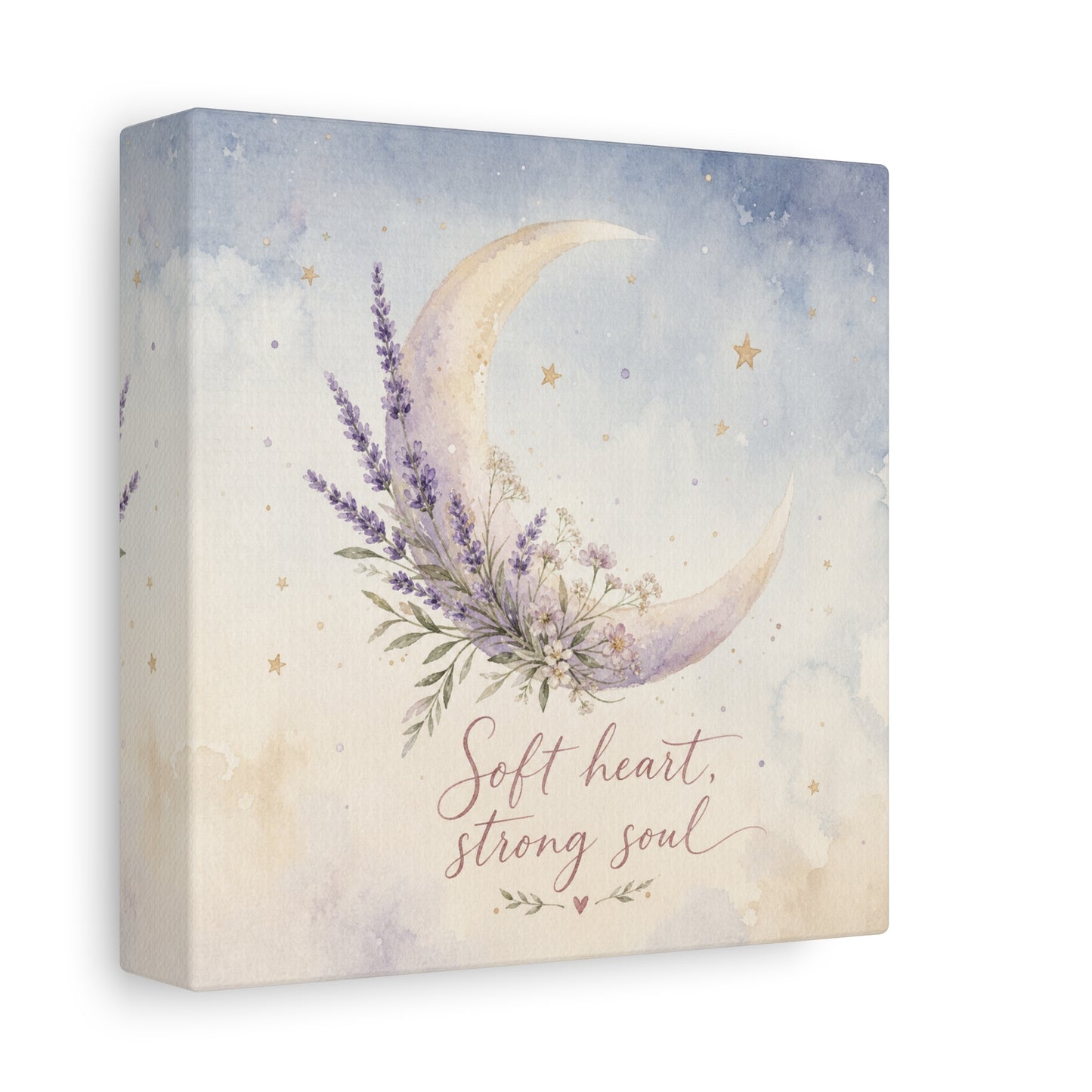 "Soft Heart, Strong Soul" Moon Canvas Wall Art - Lavender Floral Celestial Quote Print - Watercolor Nursery Bedroom Decor - Bohemian Home Decoration - Office Wall Art - Bedroom Home Decoration