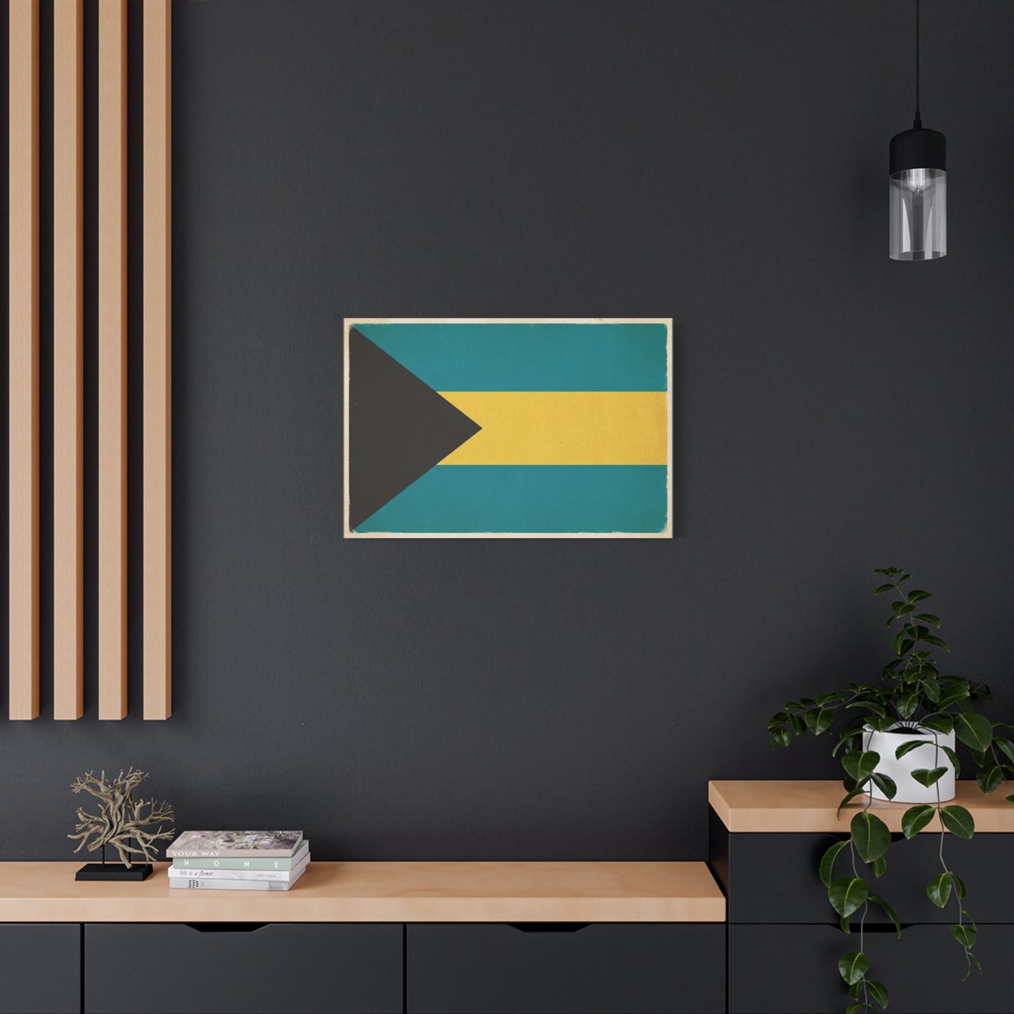 Bahamas Flag Canvas Wall Art - Vintage Caribbean National Flag Print, Blue Yellow Black Geometric Design - Coastal Decor - Living Room Home Decoration - Living Room Wall Decor - Modern Farmhouse Style