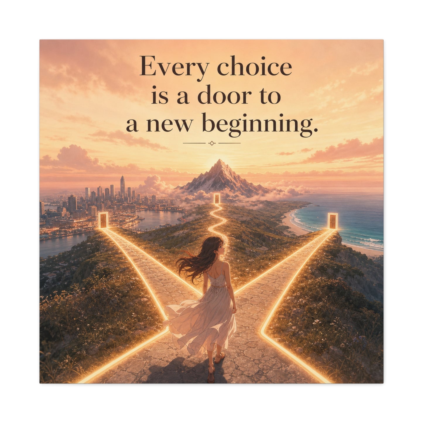 "Every Choice Is A Door To A New Beginning." Inspirational Canvas Wall Art - Woman At Glowing Crossroads Path, Mountain And Coast Dreamscape - Modern Typography Decor For Bedroom Office