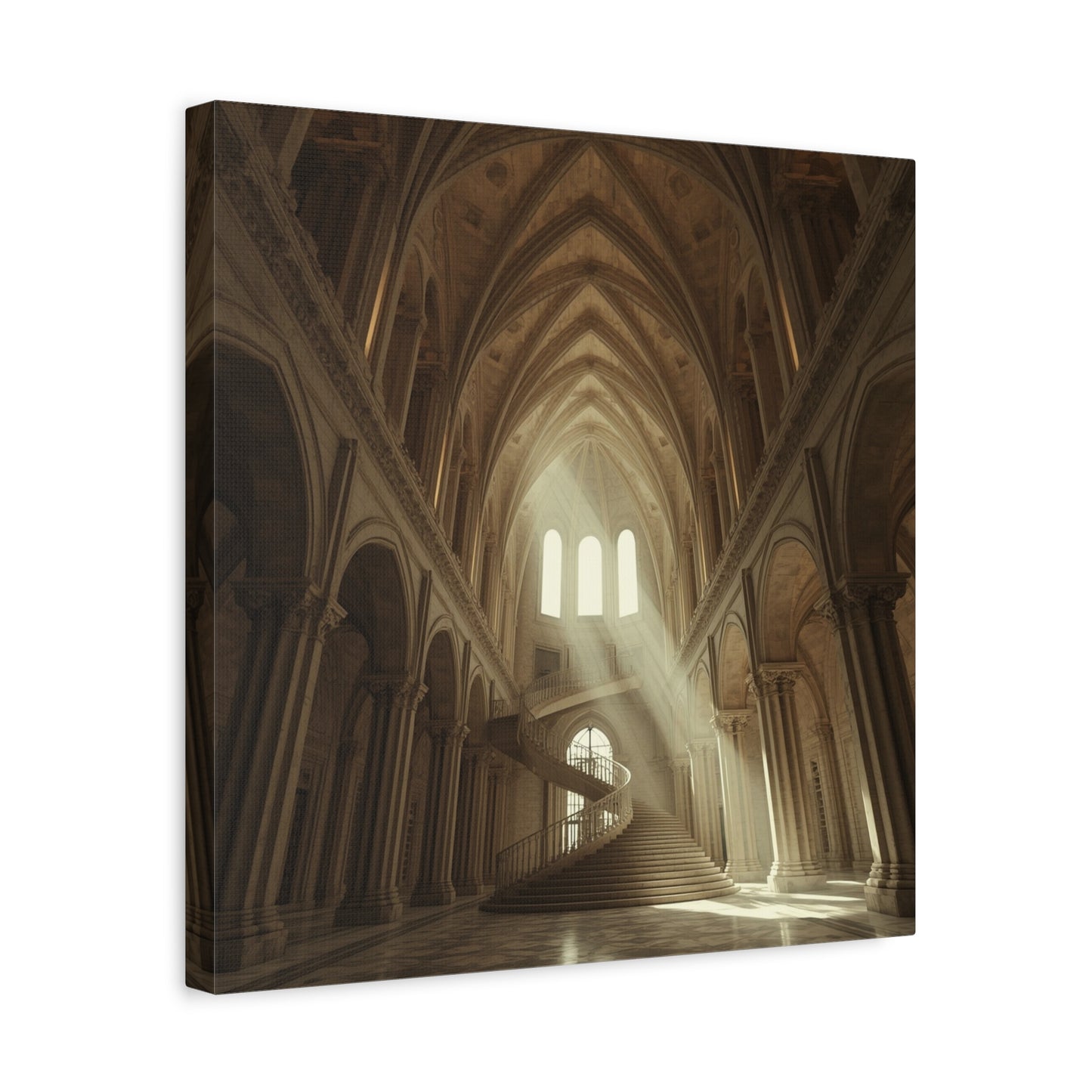 Gothic Cathedral Interior Canvas Wall Art - Sunlit Spiral Staircase, Religious Architecture Print - Matte Cotton Canvas - Traditional Style - Living Room Wall Decor, Office Art - Ready to Hang
