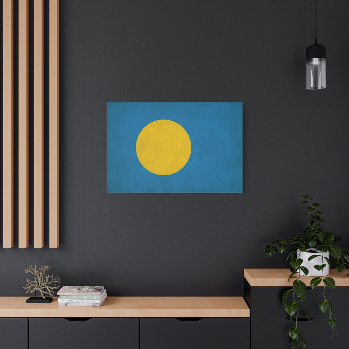 Palau Flag Canvas Wall Art - Blue Field With Golden Yellow Disc - Minimalist Tropical Island Print - Modern Living Room Wall Decor, Bedroom Home Decoration, Office Accent - Bedroom Home Decoration