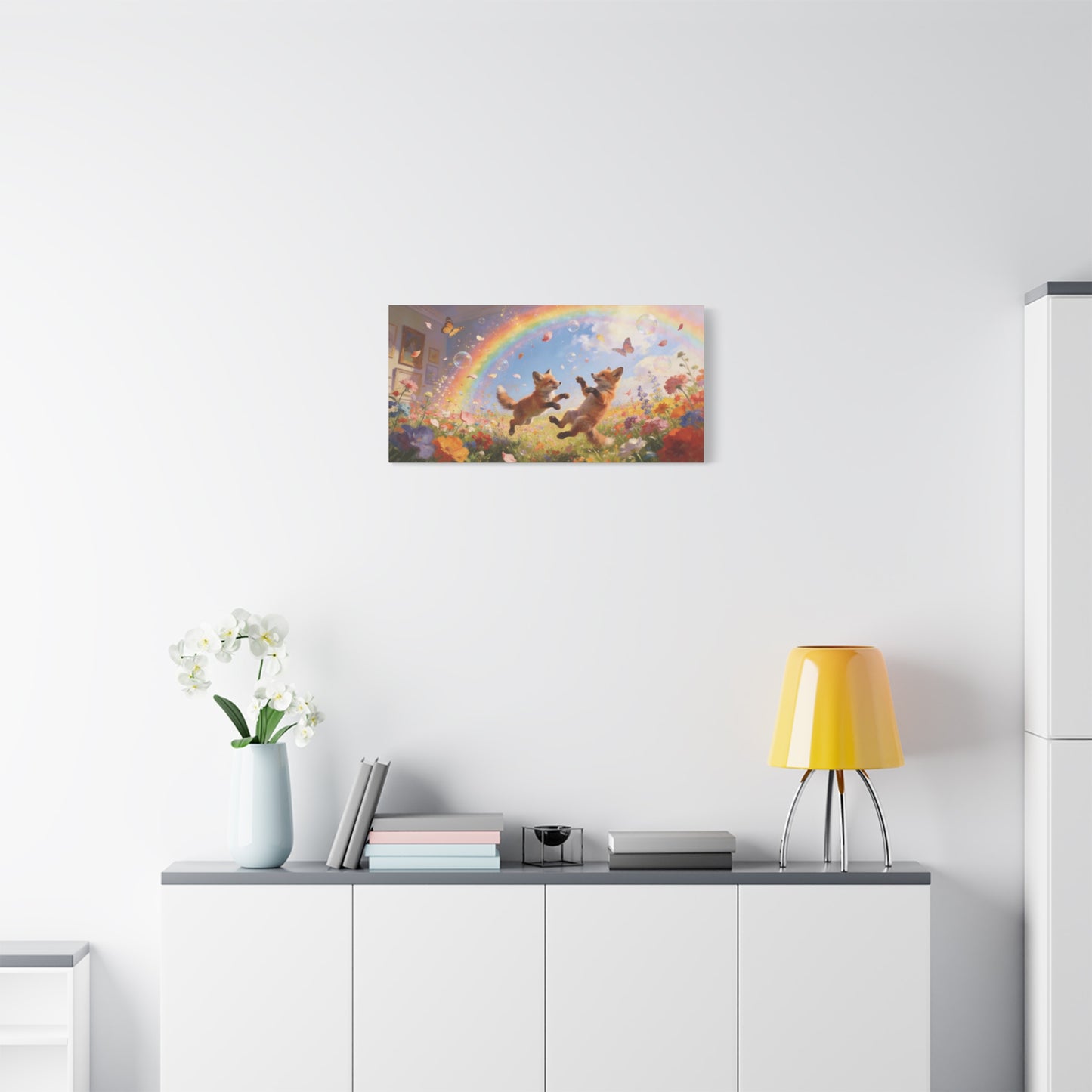 Fox Cub Canvas Wall Art - Whimsical Rainbow Meadow Painting, Butterflies And Wildflowers - Matte Canvas Print - Bohemian Nursery Wall Hanging, Bedroom Home Decoration Accent - Bedroom Home Decoration