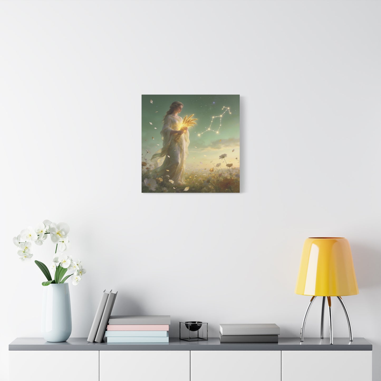 Virgo Maiden Canvas Wall Art - Celestial Wheat Goddess Illustration, Luminous Zodiac Sky, Matte Cotton Print, Bohemian Bedroom Decor, Meditation Space Accent, Ready To Hang - Living Room Wall Decor