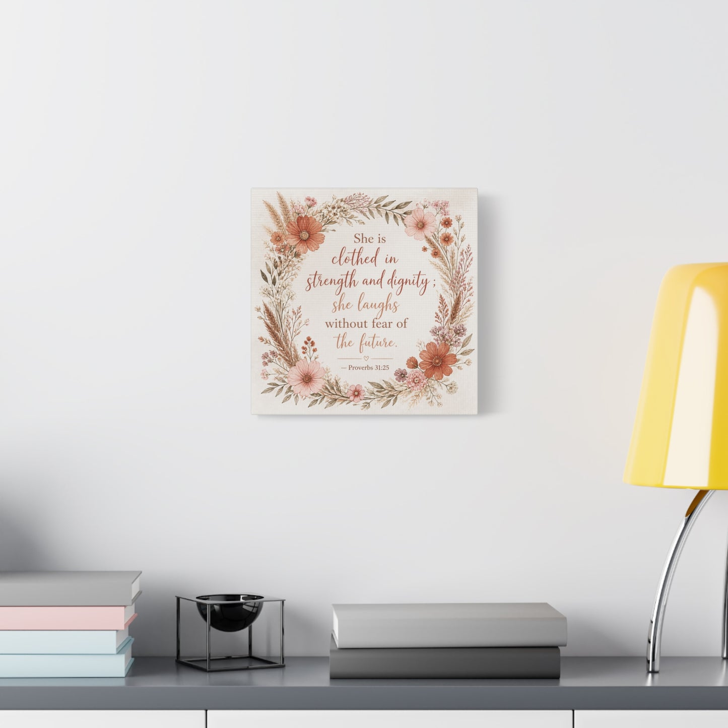 "She Is Clothed In Strength And Dignity" Floral Canvas Wall Art - Proverbs 31:25 Scripture Quote, Blush Wildflower Wreath, Farmhouse Style, Bedroom Wall Decor - Bedroom Home Decoration - Ready to Hang