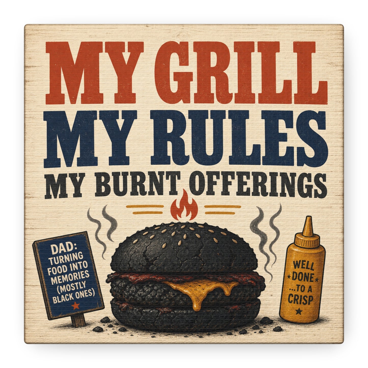 "My Grill My Rules My Burnt Offerings" Funny BBQ Canvas Wall Art - Burnt Burger Grill Sign, Rustic Farmhouse Kitchen Decor, Patriotic Red Blue Typography Print - Man Cave Wall Decor - Ready to Hang