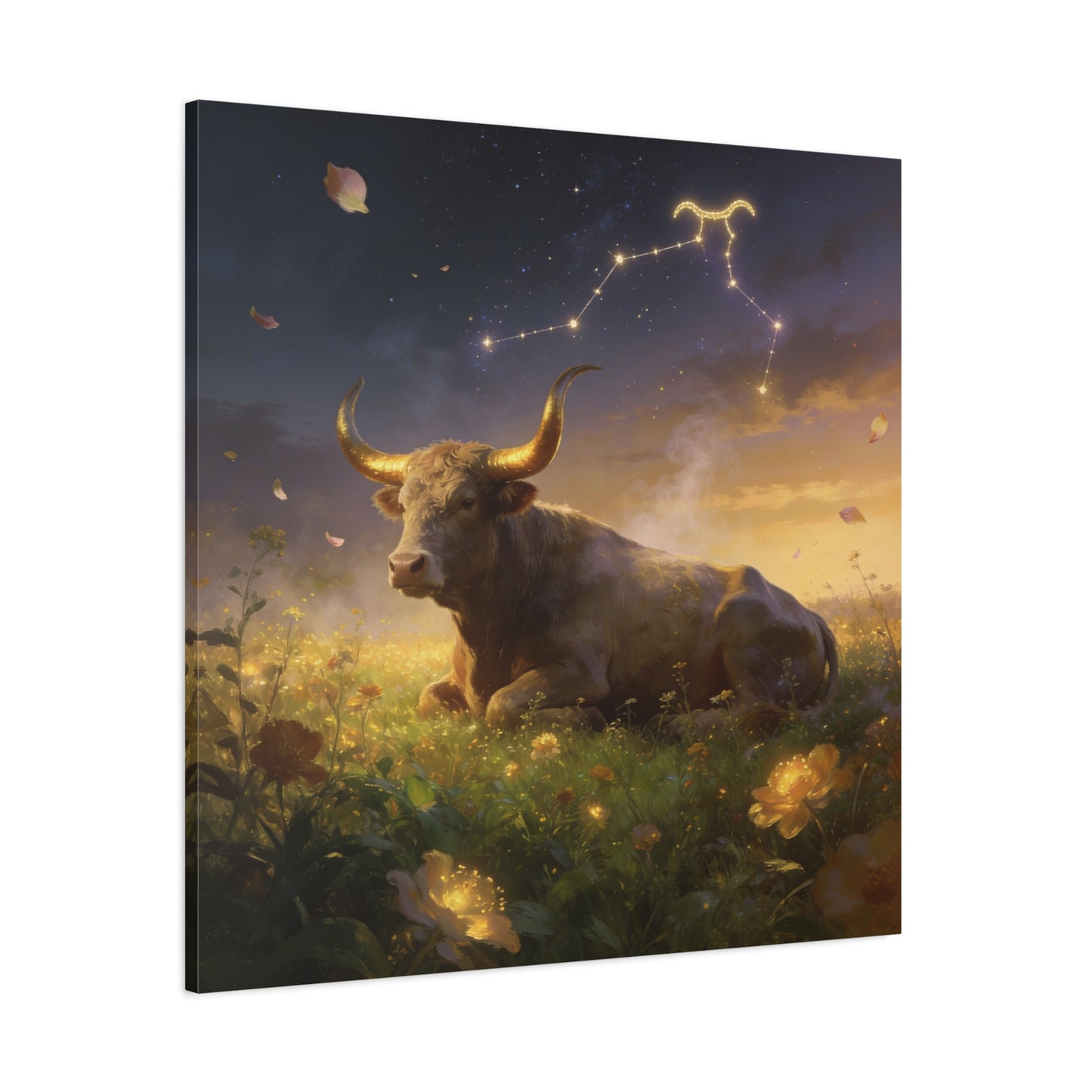 Taurus Zodiac Bull Canvas Wall Art - Celestial Constellation Night Meadow, Golden Horns, Dreamy Illustration - Matte Cotton Print - Bedroom Home Decoration, Office Wall Decor - Bedroom Home Decoration