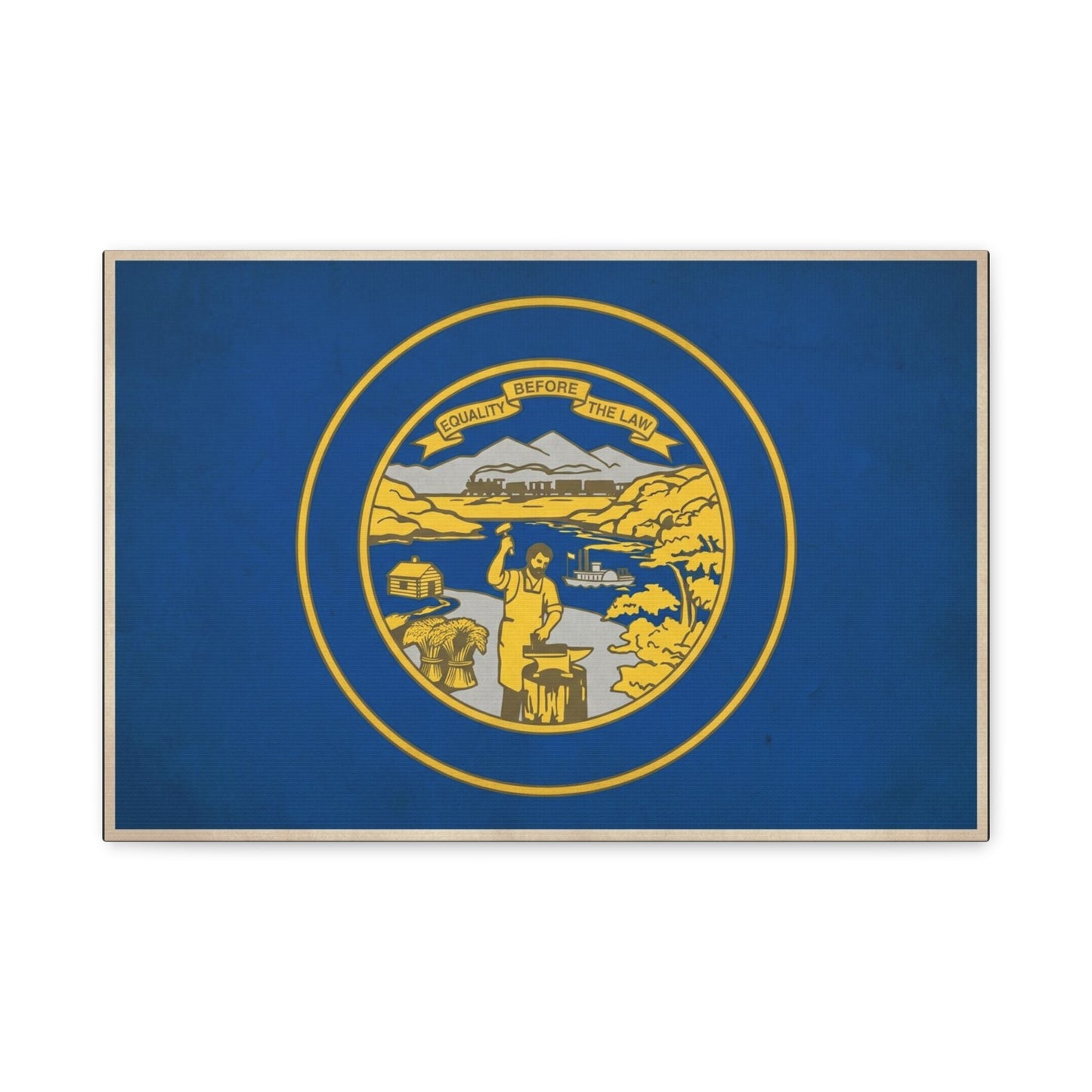 "Equality Before The Law" Kansas State Flag Canvas Wall Art - Blue Gold Sunflower State Seal Print - Vintage Americana Style, Living Room Wall Decor, Office Home Decoration - Bedroom Home Decoration