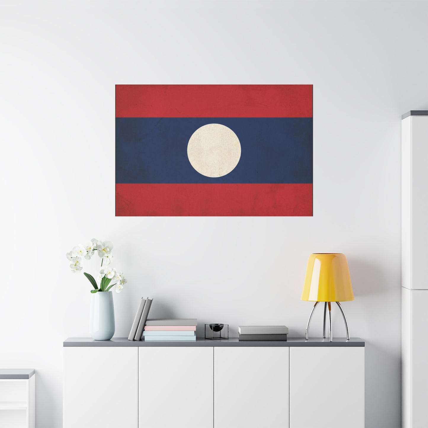 Laos Flag Canvas Wall Art - Vintage Lao National Flag Print, Red Blue White Circle - Minimalist Patriotic Decor - Living Room Home Decoration - Bedroom Home Decoration - Living Room Wall Decor