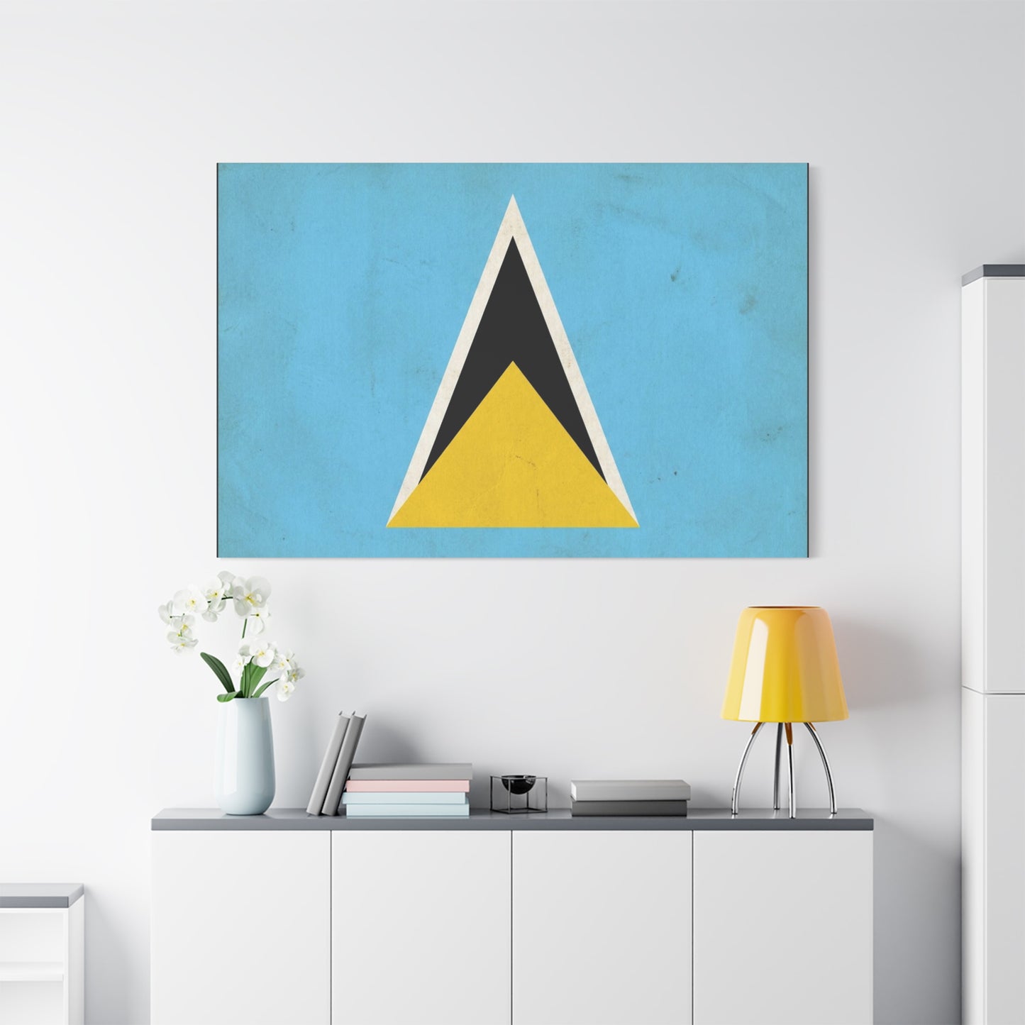 Saint Lucia Flag Canvas Wall Art - Blue Yellow Black Triangle Design, Minimalist Geometric Print - Modern Caribbean Decor - Living Room Wall Decor, Office Art Accent - Bedroom Home Decoration