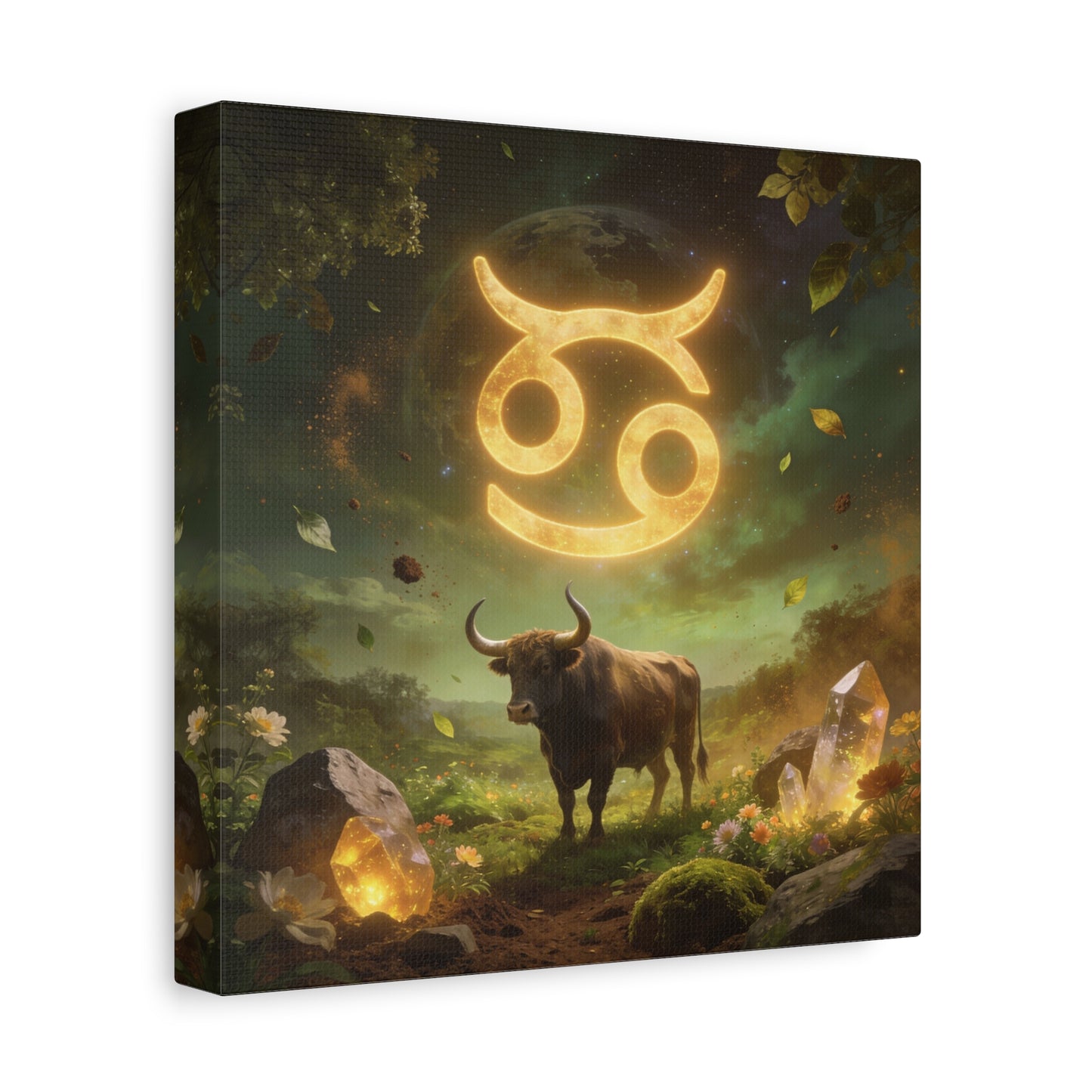 Cancer Zodiac Canvas Wall Art - Glowing Astrology Symbol, Bull And Crystal Fantasy Scene - Celestial Green Gold Illustration - Bedroom Home Decoration, Meditation Space Accent - Living Room Wall Decor