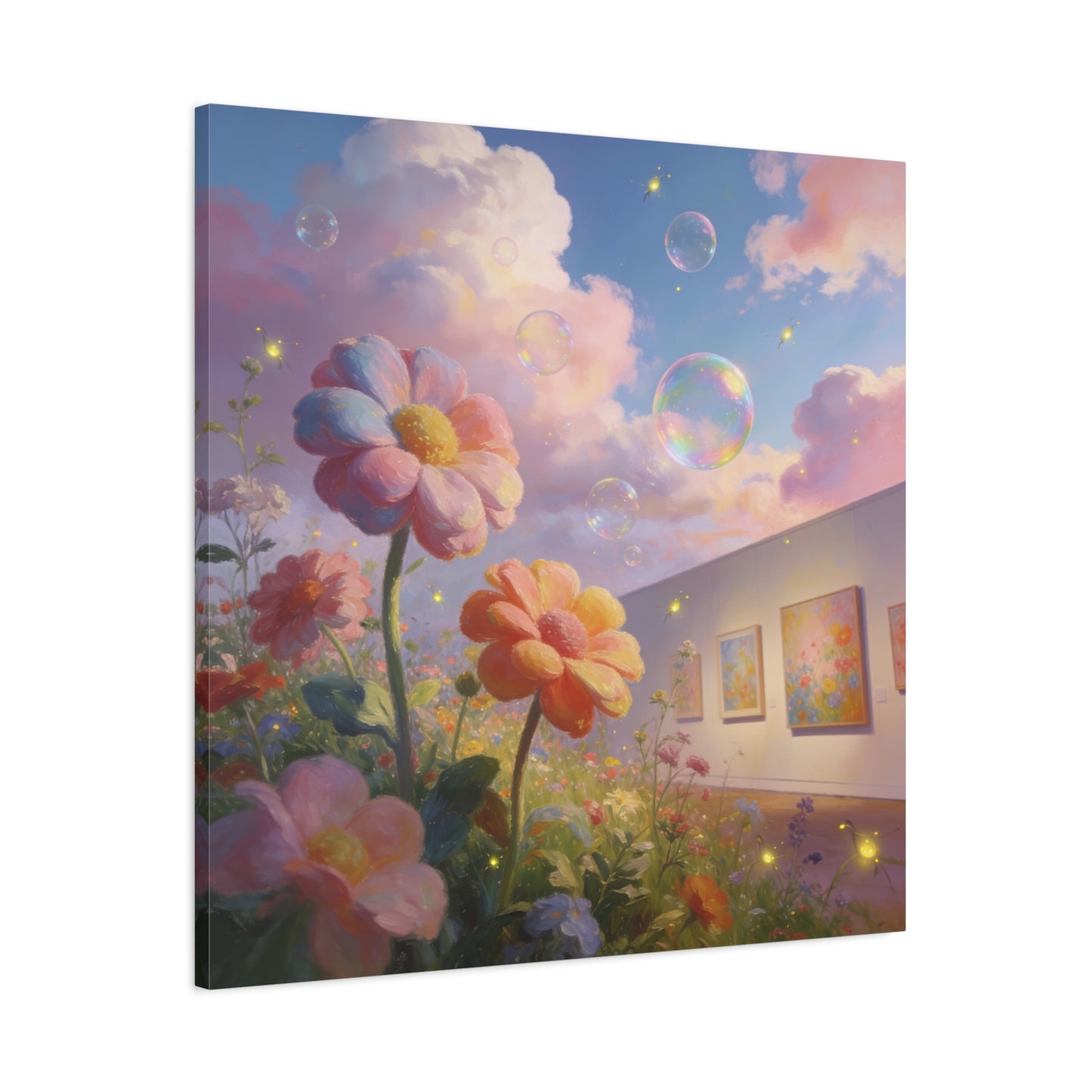 Dreamy Floral Canvas Wall Art - Pastel Wildflower Sky With Iridescent Bubbles, Firefly Glow - Whimsical Matte Canvas Print - Contemporary Bedroom Wall Decor, Living Room Accent - Cozy Reading Nook Art