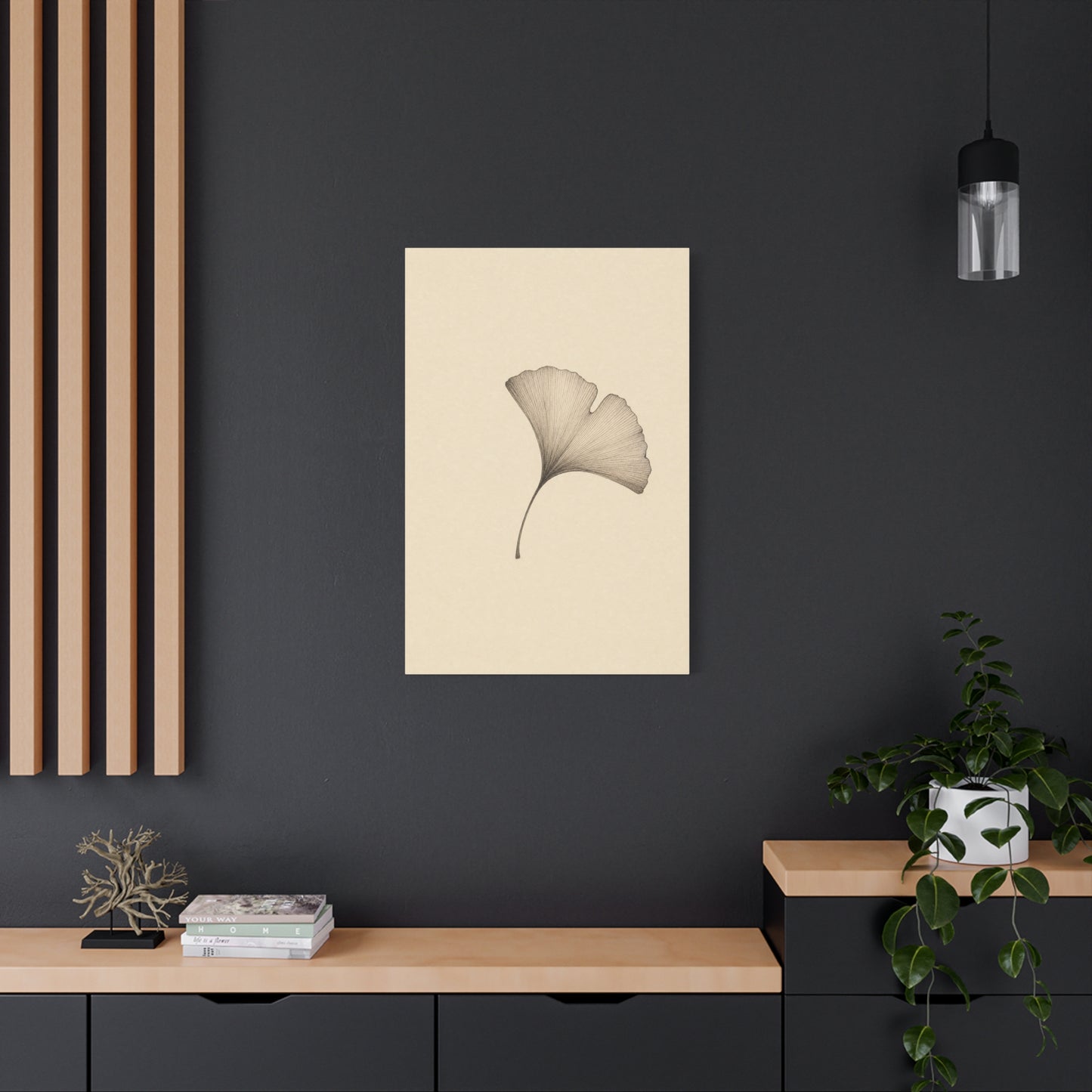 Ginkgo Leaf Canvas Wall Art - Minimalist Botanical Line Drawing, Neutral Beige Cotton Art Print - Contemporary Zen Style - Bedroom Wall Decor, Living Room Home Decoration - Bedroom Home Decoration