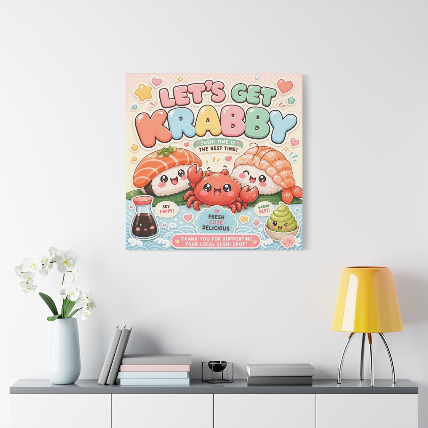 "Let's Get Krabby" Sushi Quote Canvas Wall Art - Kawaii Salmon Nigiri Shrimp Crab Illustration - Pastel Typography - Cafe Wall Decor, Restaurant Wall Hanging, Cute Food Sign - Reception Area Decor
