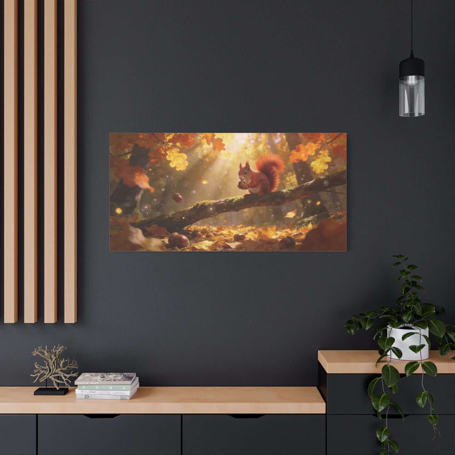 Red Squirrel Canvas Wall Art - Autumn Forest Acorn Scene, Golden Sunlight, Matte Cotton Print - Rustic Woodland Decor, Living Room Accent, Bedroom Decoration, Office Nature Artwork - Office Wall Art